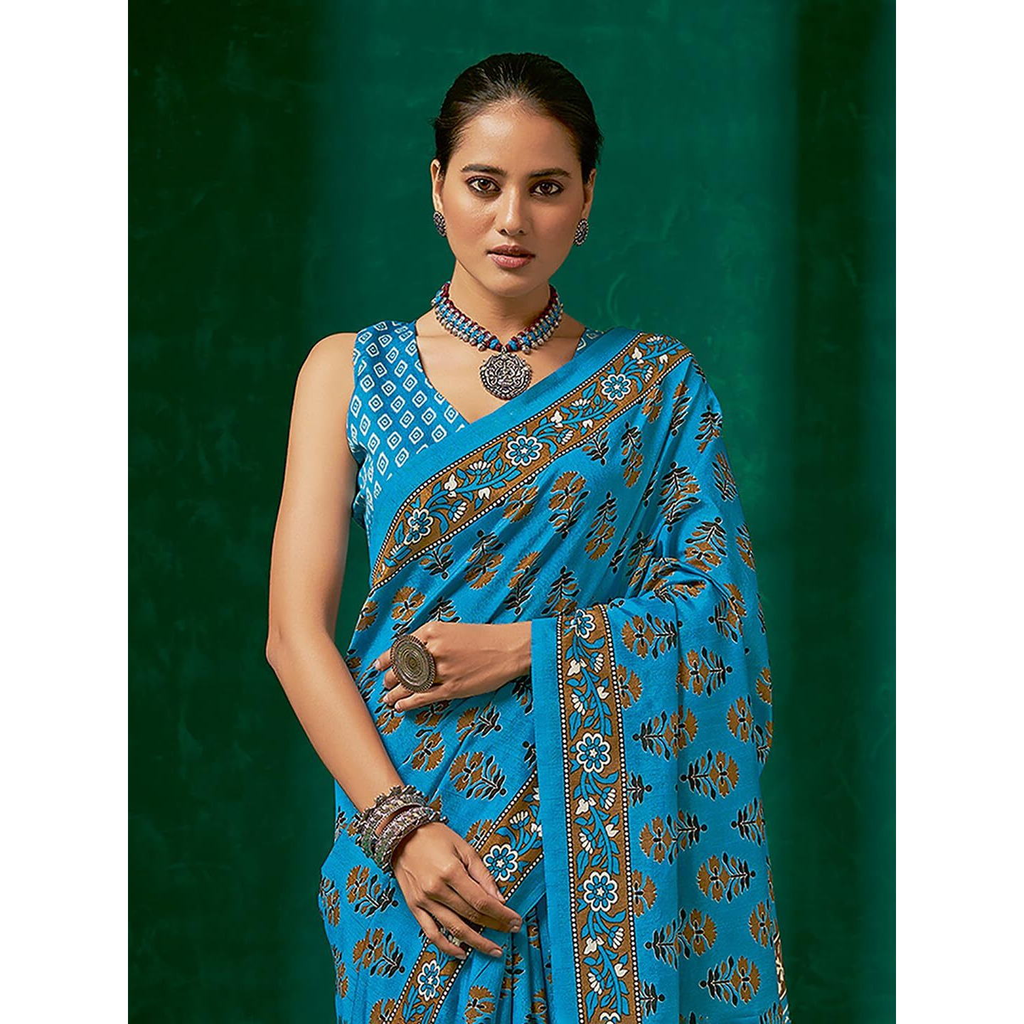 AKHILAM Womens Printed Bhagalpuri Silk Saree With Unstitched Blouse Piece (Blue_23WOM23908_HS)