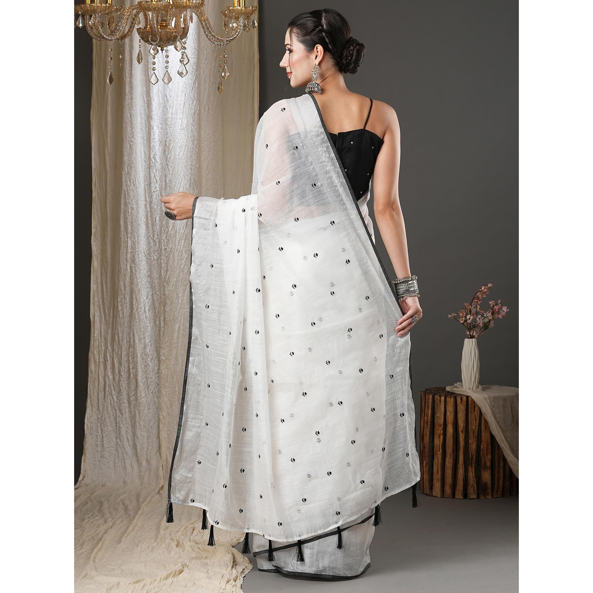 AKHILAM Womens White Embroidered Cotton Silk Saree With Unstitched Blouse Piece
