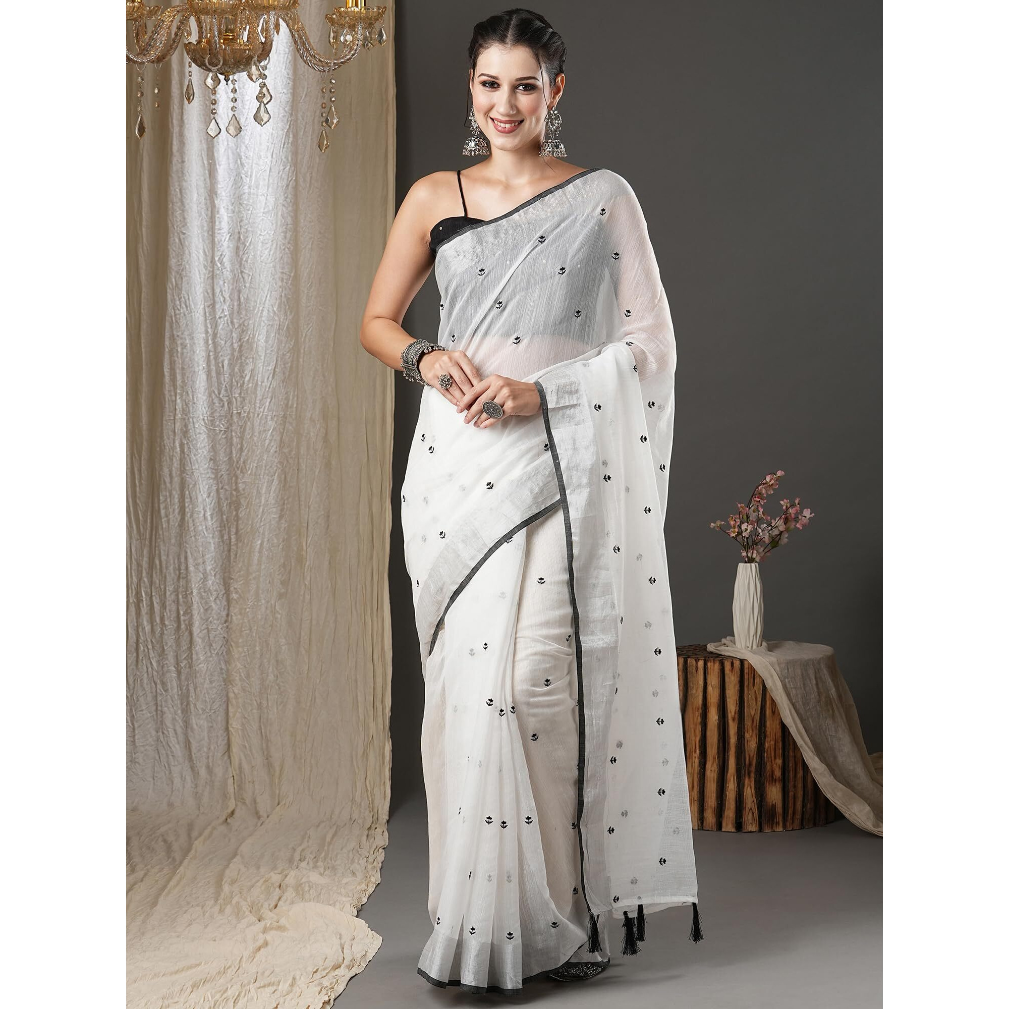 AKHILAM Womens White Embroidered Cotton Silk Saree With Unstitched Blouse Piece