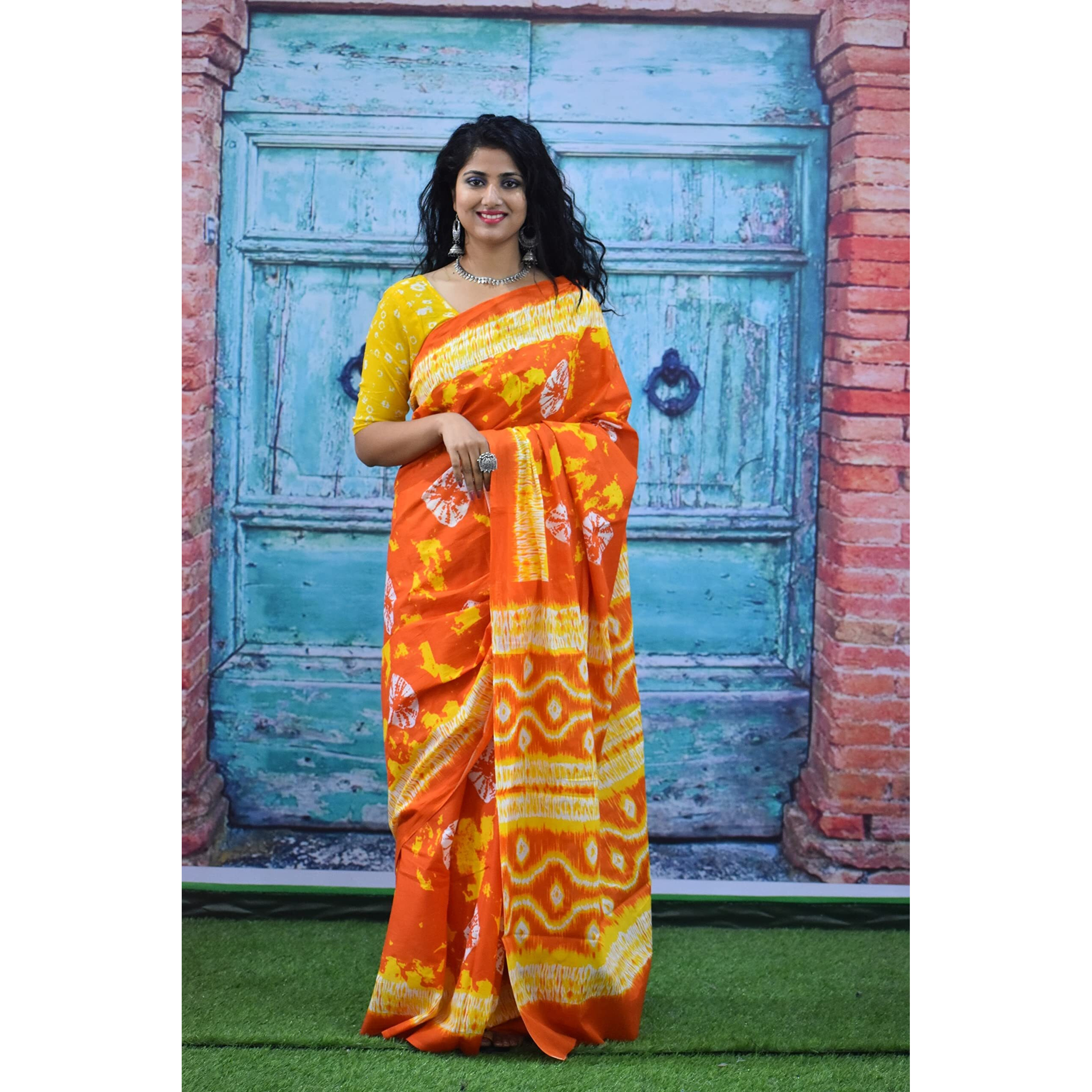 Kiaaron Womens Ikat Hand Block Print Jaipuri Cotton Mulmul Saree with Blouse Piece - Orange_213