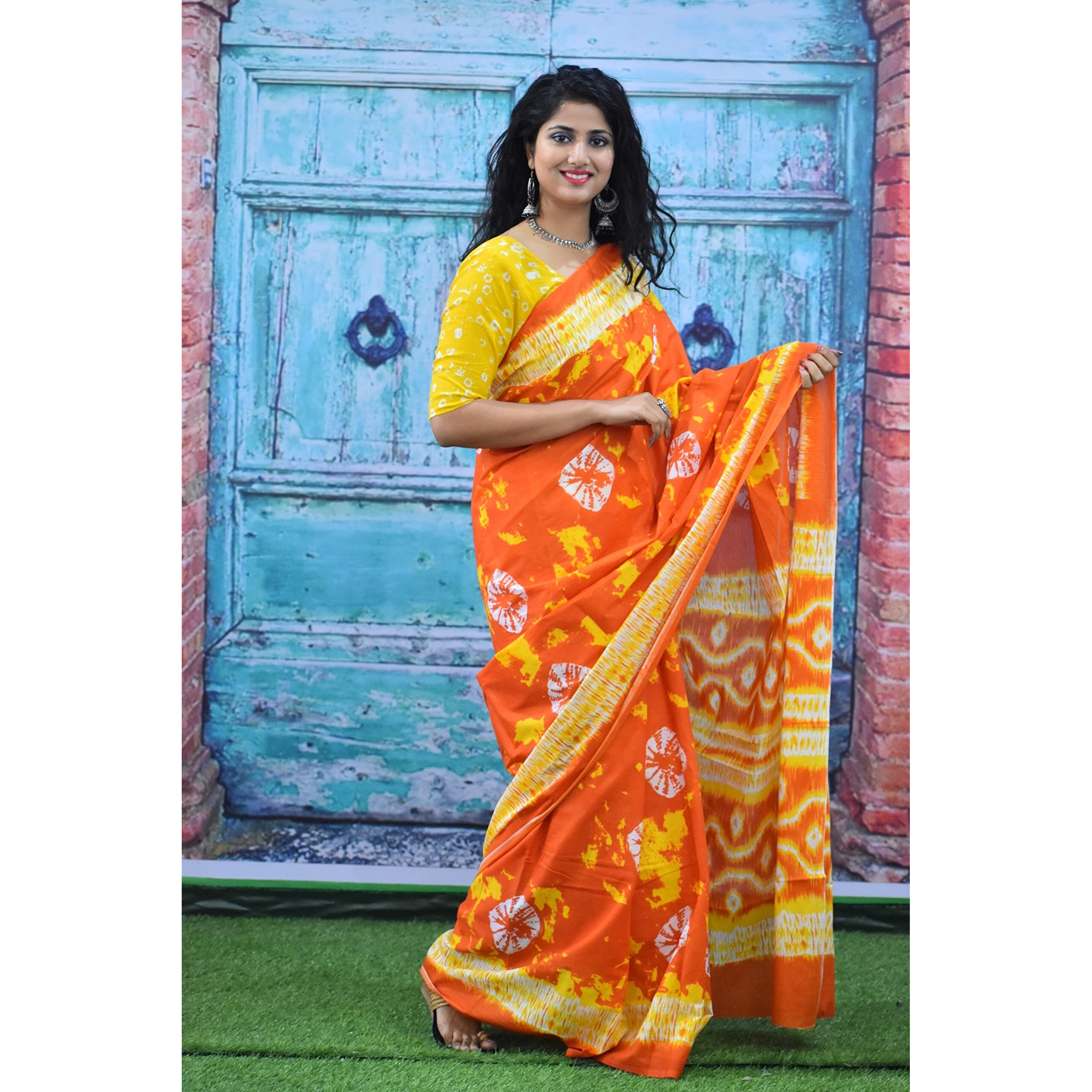 Kiaaron Womens Ikat Hand Block Print Jaipuri Cotton Mulmul Saree with Blouse Piece - Orange_213