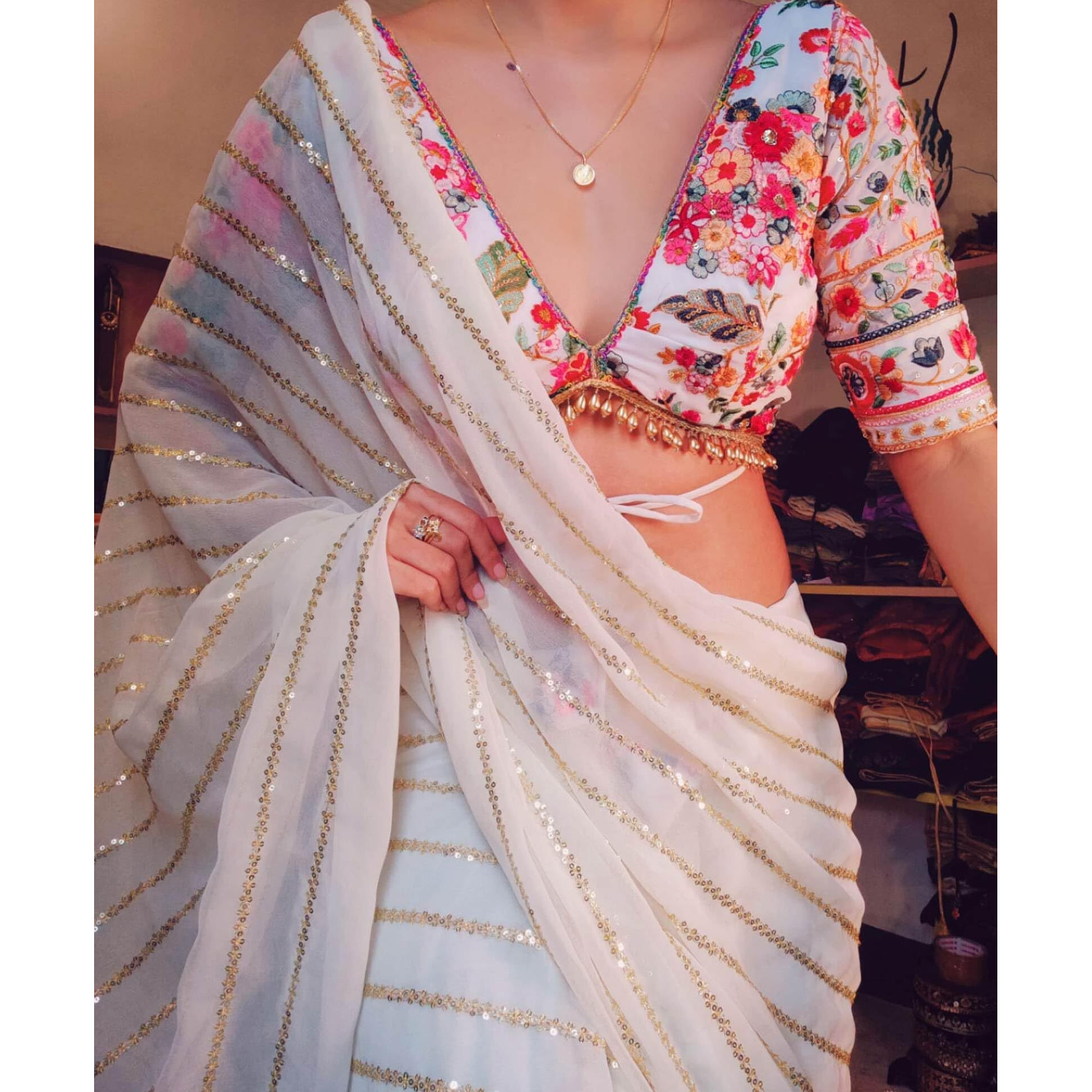 BRAHMSHAKTI Georgette Womens Georgett Embroidered Saree With Unstitch Blouse Piece
