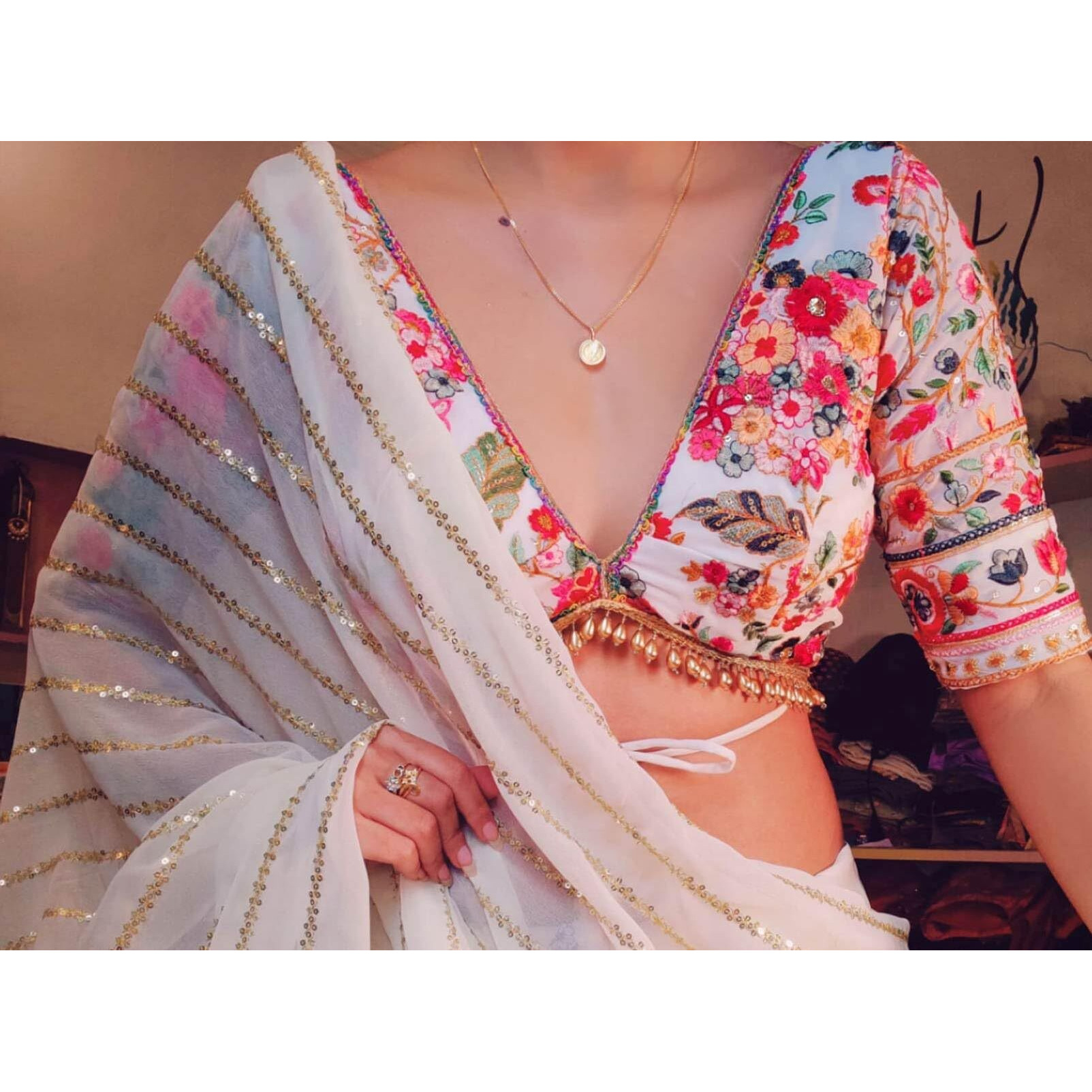 BRAHMSHAKTI Georgette Womens Georgett Embroidered Saree With Unstitch Blouse Piece