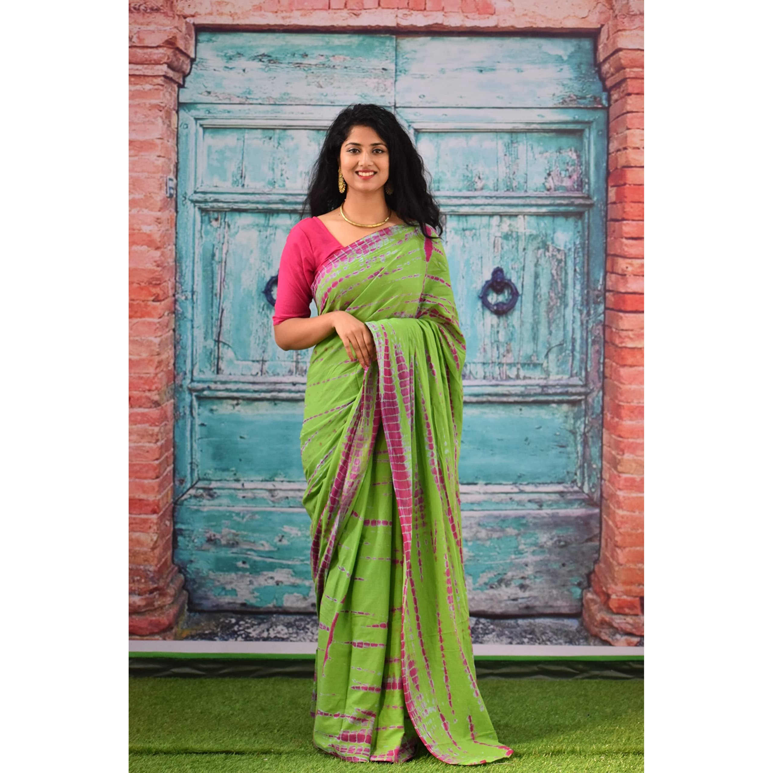 Kiaaron Womens Ikat Hand Block Print Jaipuri Cotton Mulmul Saree with Blouse Piece - Green_211