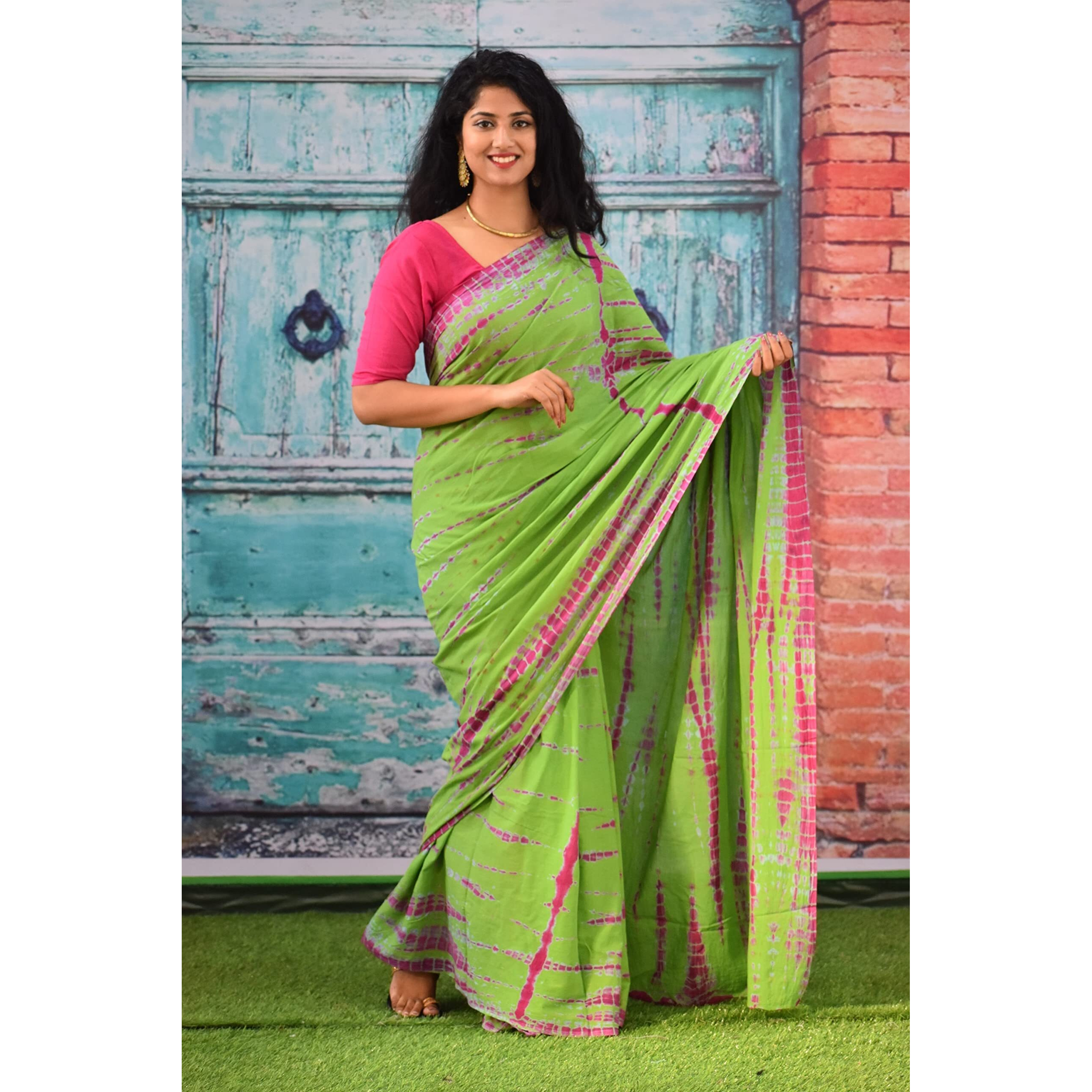 Kiaaron Womens Ikat Hand Block Print Jaipuri Cotton Mulmul Saree with Blouse Piece - Green_211