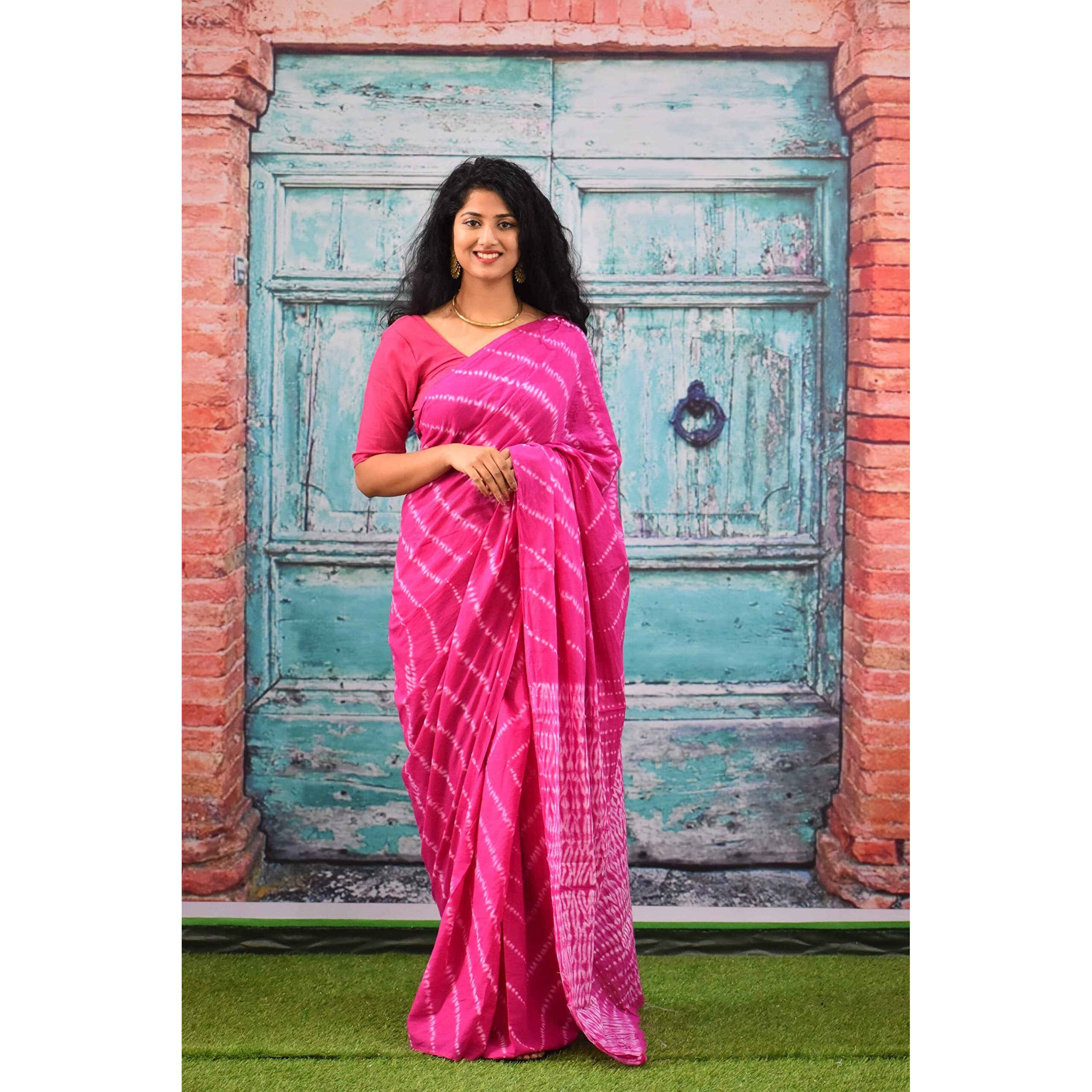 Kiaaron Womens Ikat Hand Block Print Jaipuri Cotton Mulmul Saree with Blouse Piece - Pink_208