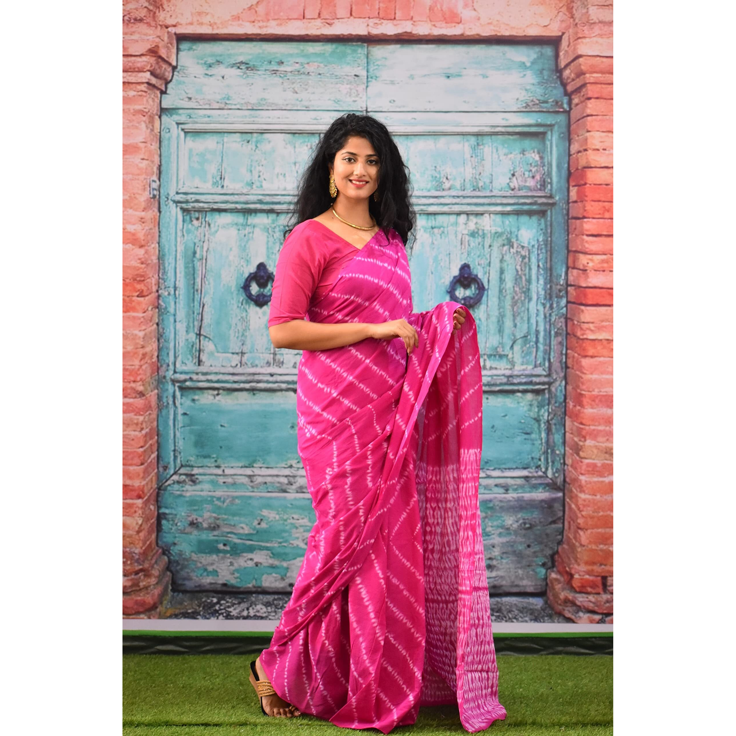 Kiaaron Womens Ikat Hand Block Print Jaipuri Cotton Mulmul Saree with Blouse Piece - Pink_208