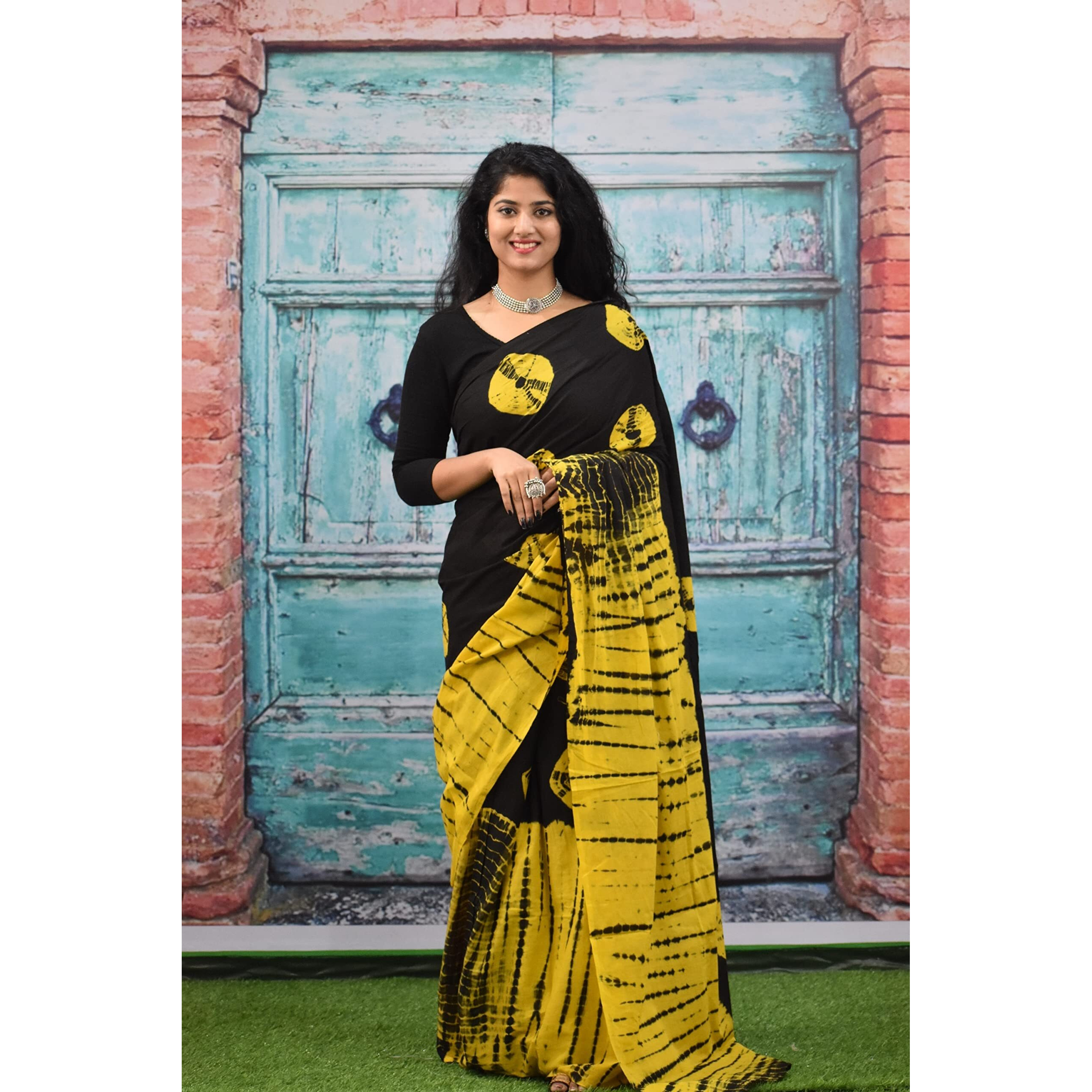 Kiaaron Womens Ikat Hand Block Print Jaipuri Cotton Mulmul Saree with Blouse Piece - Black_203