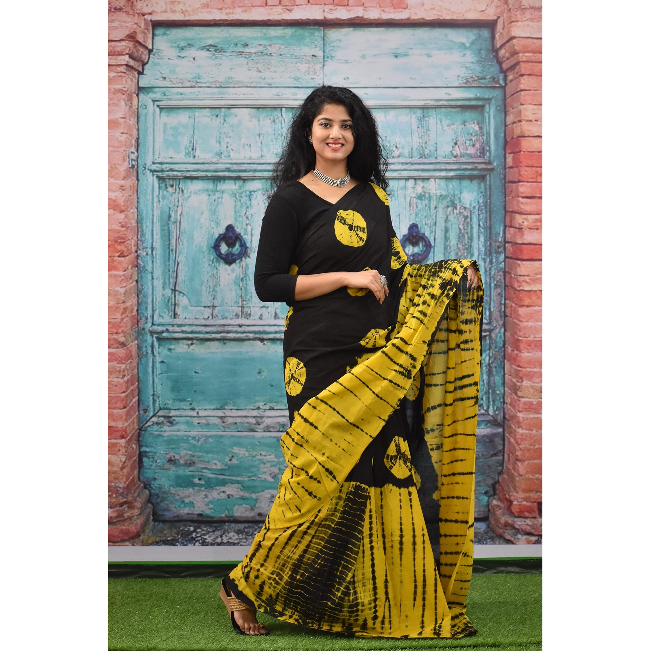 Kiaaron Womens Ikat Hand Block Print Jaipuri Cotton Mulmul Saree with Blouse Piece - Black_203
