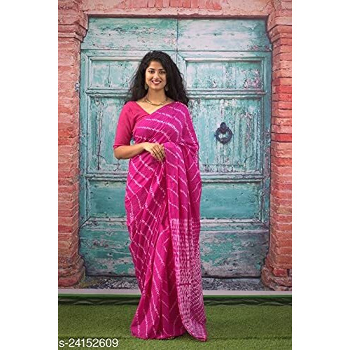 Kiaaron Womens Ikat Hand Block Print Jaipuri Cotton Mulmul Saree with Blouse Piece -Pink_Sup320