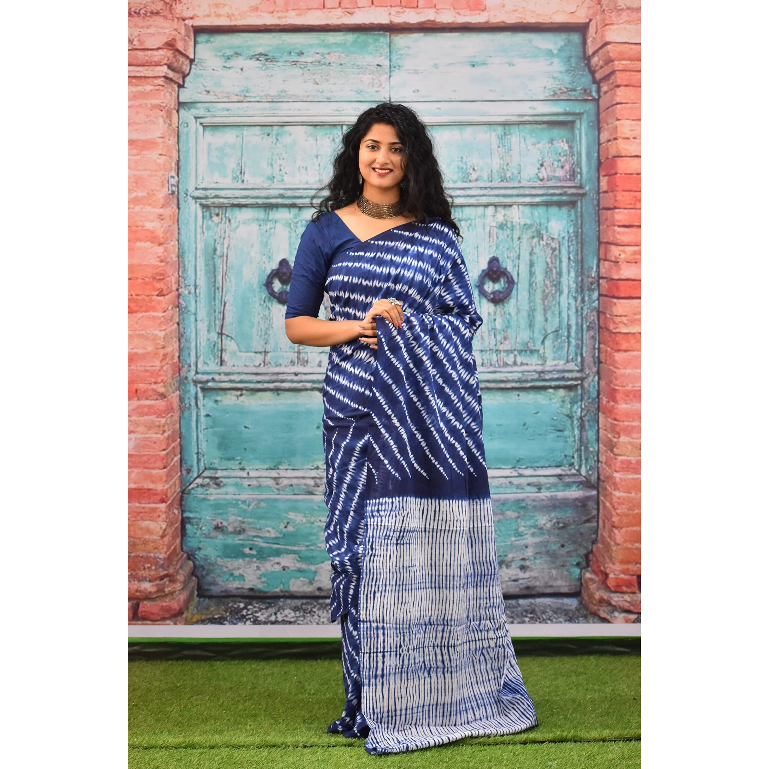Kiaaron Womens Ikat Hand Block Print Jaipuri Cotton Mulmul Saree with Blouse Piece - Blue_216