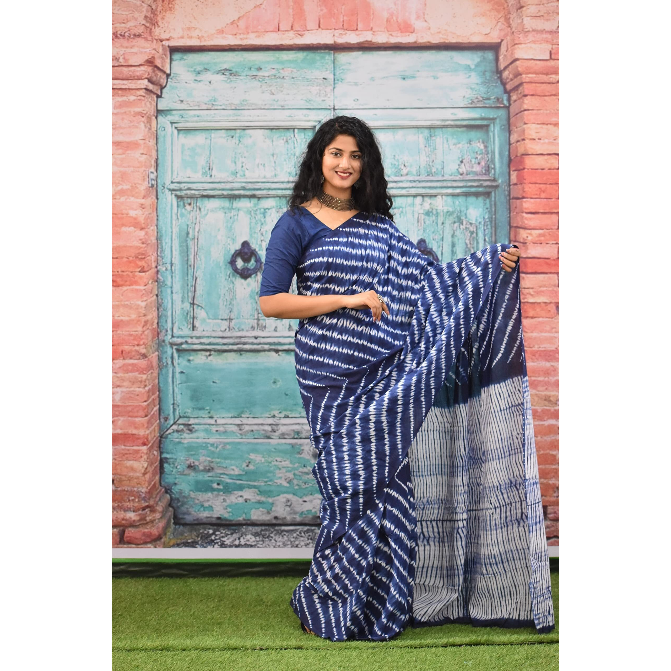 Kiaaron Womens Ikat Hand Block Print Jaipuri Cotton Mulmul Saree with Blouse Piece - Blue_216