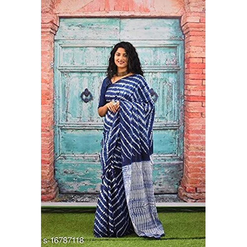 Kiaaron Womens Ikat Hand Block Print Jaipuri Cotton Mulmul Saree with Blouse Piece -Blue_Sup318