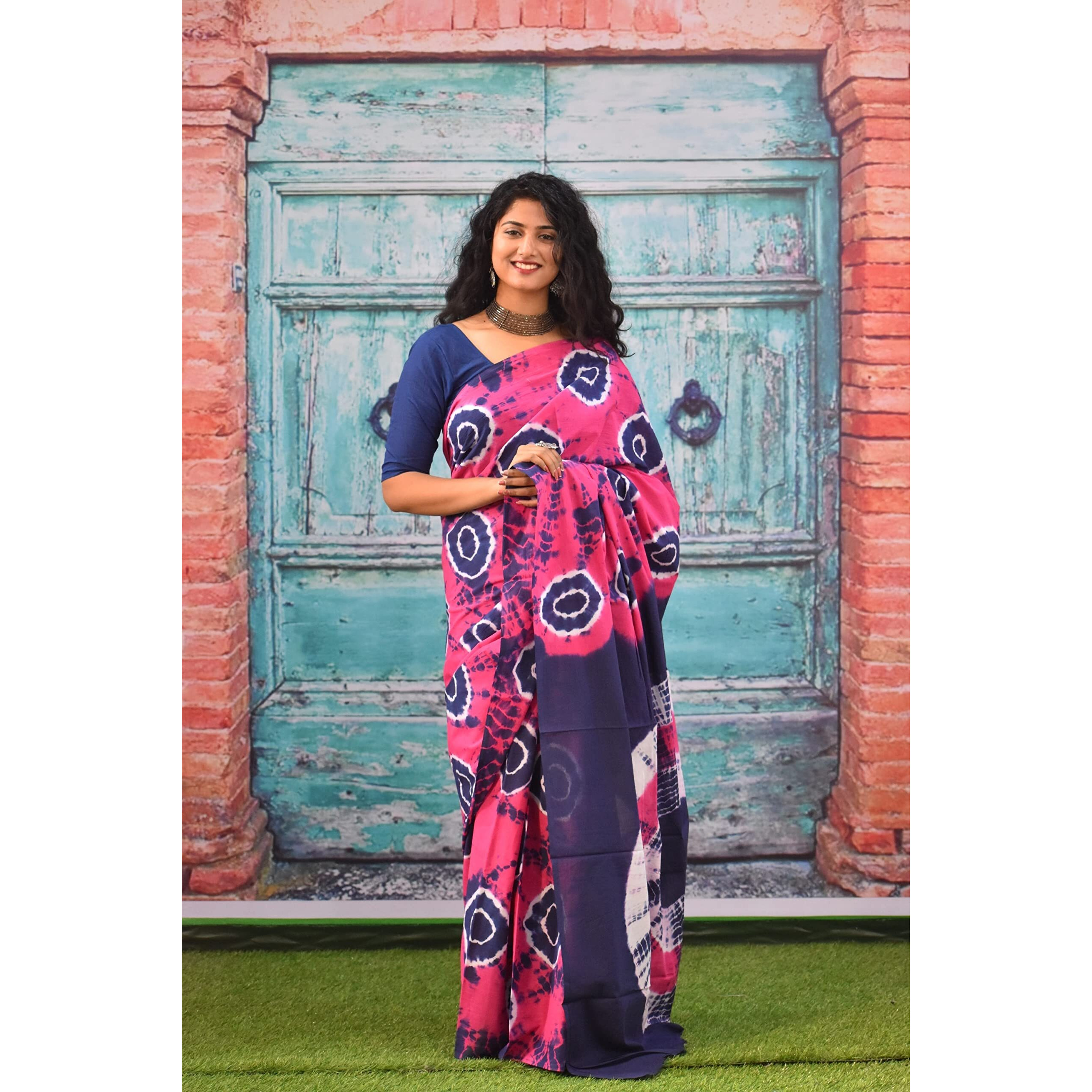 Kiaaron Womens Ikat Hand Block Print Jaipuri Cotton Mulmul Saree with Blouse Piece - Pink_218