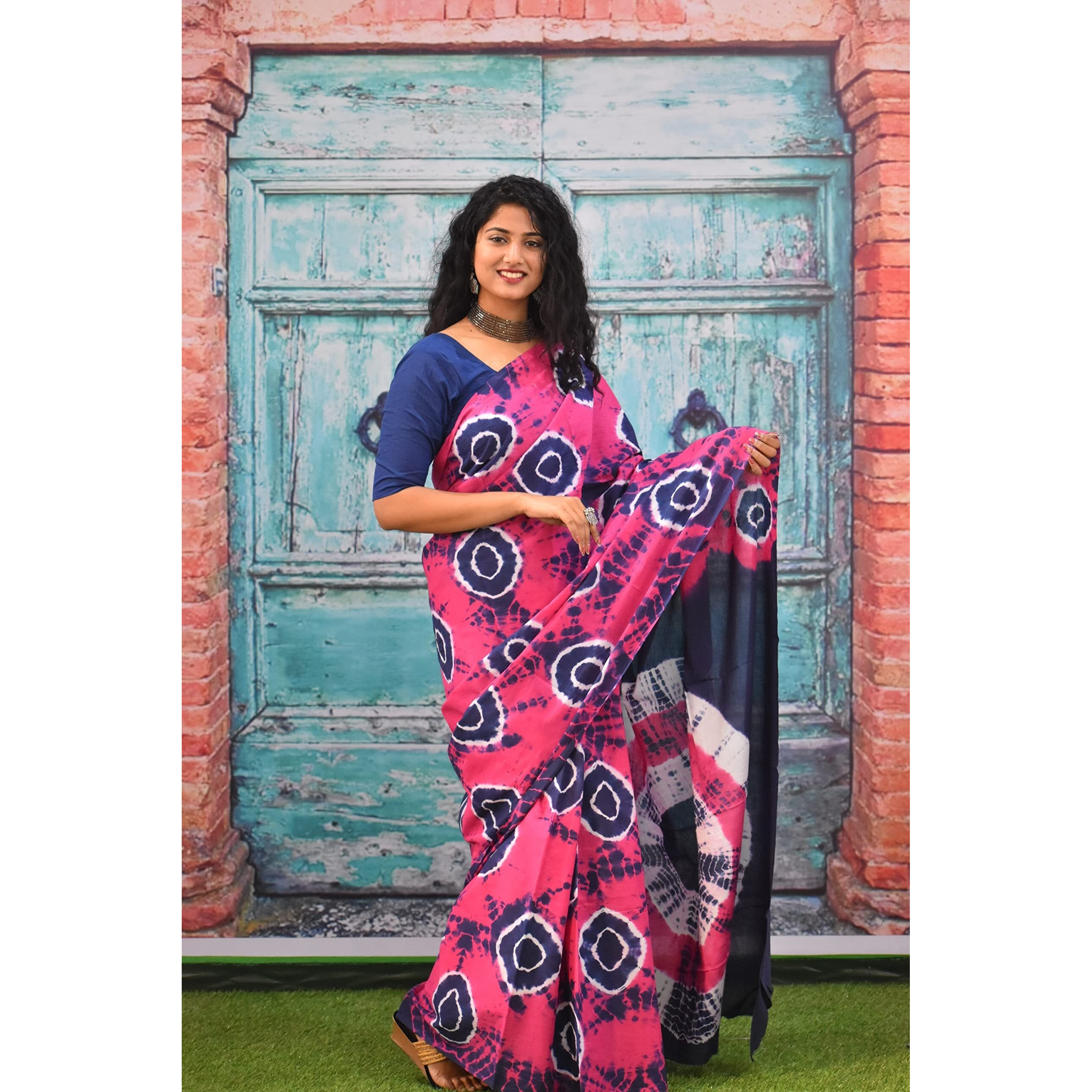 Kiaaron Womens Ikat Hand Block Print Jaipuri Cotton Mulmul Saree with Blouse Piece - Pink_218