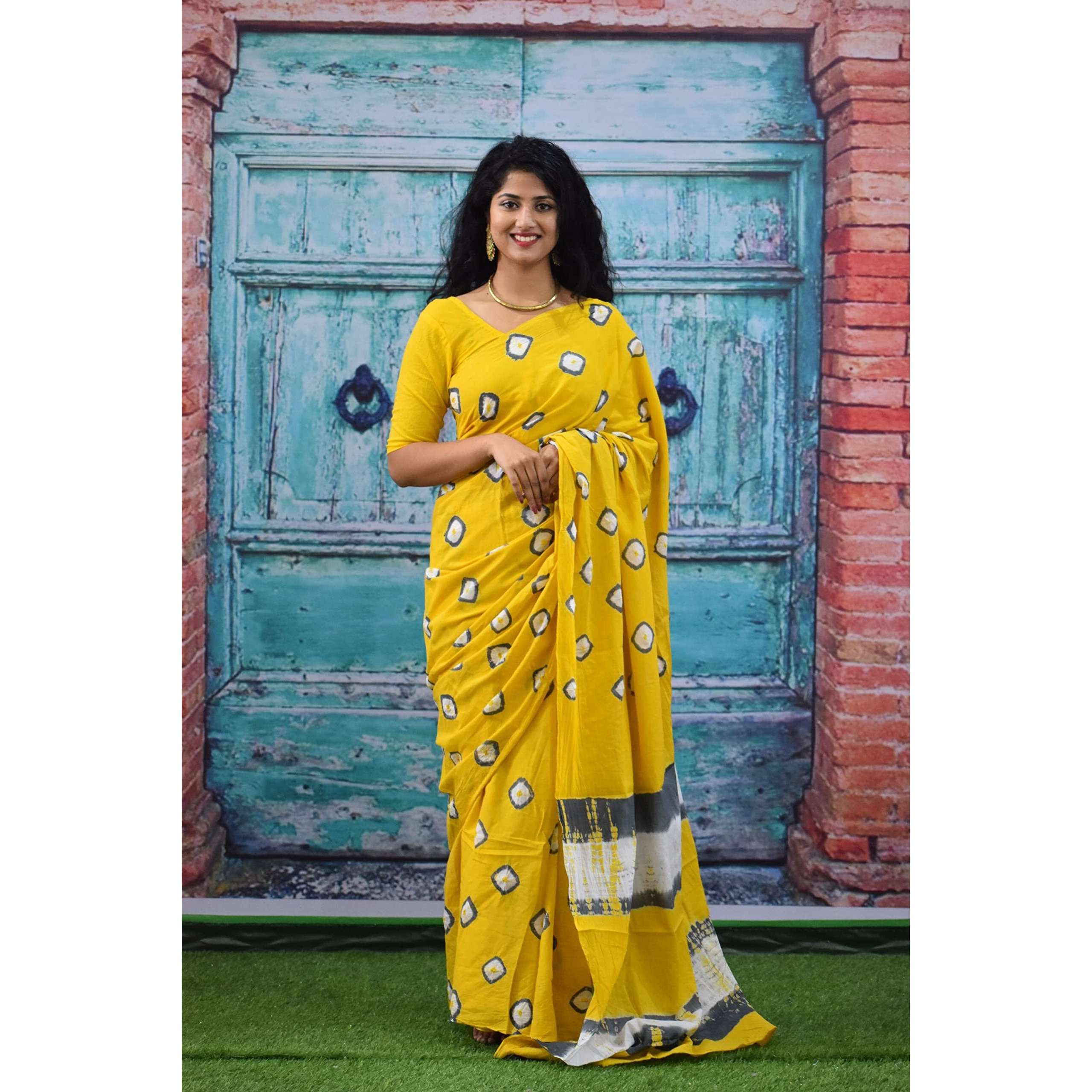 Kiaaron Womens Ikat Hand Block Print Jaipuri Cotton Mulmul Saree with Blouse Piece - Yellow_207