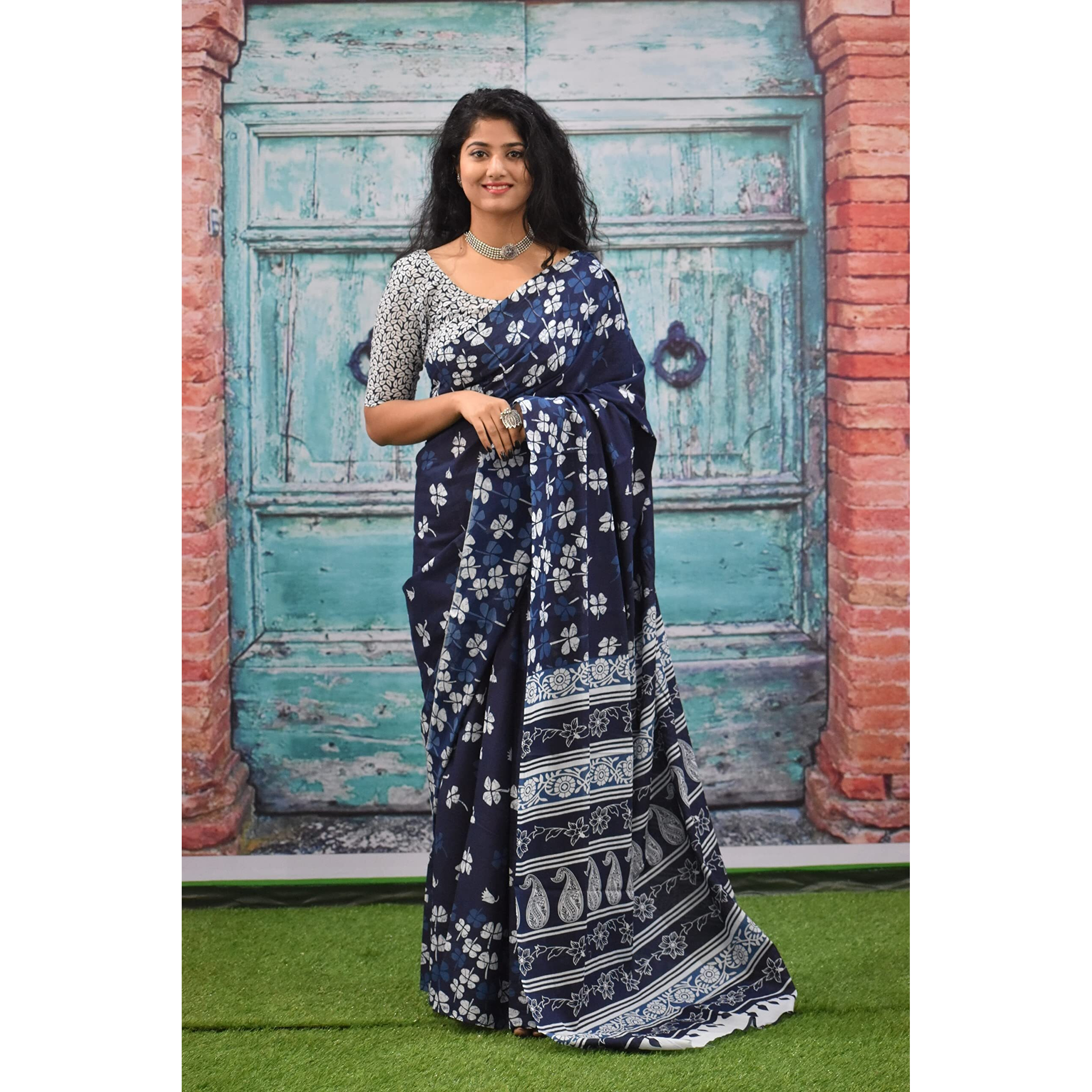 Kiaaron Womens Ikat Hand Block Print Jaipuri Cotton Mulmul Saree with Blouse Piece - Blue_338