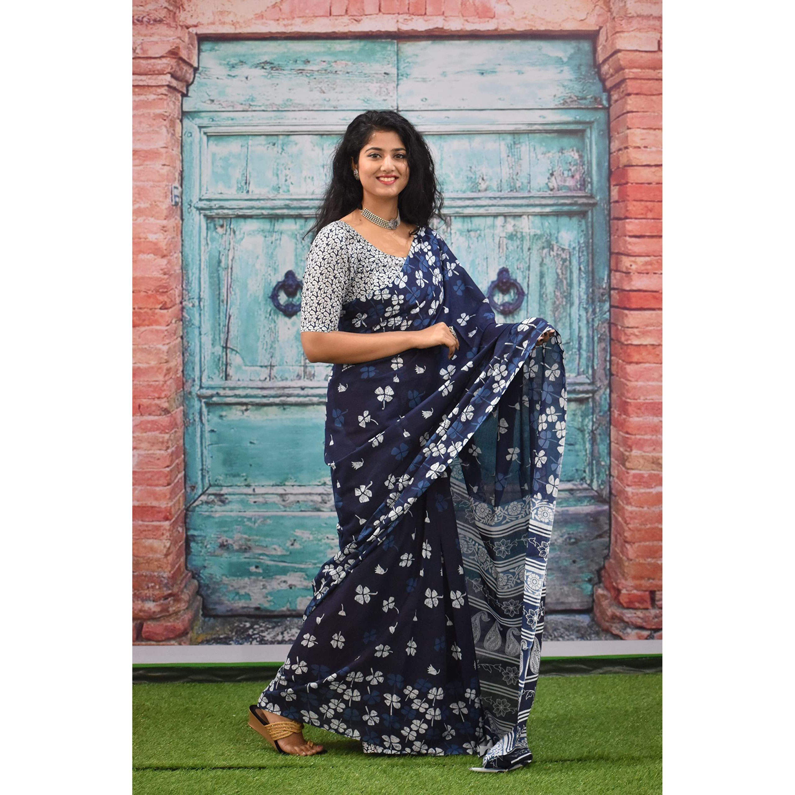 Kiaaron Womens Ikat Hand Block Print Jaipuri Cotton Mulmul Saree with Blouse Piece - Blue_338