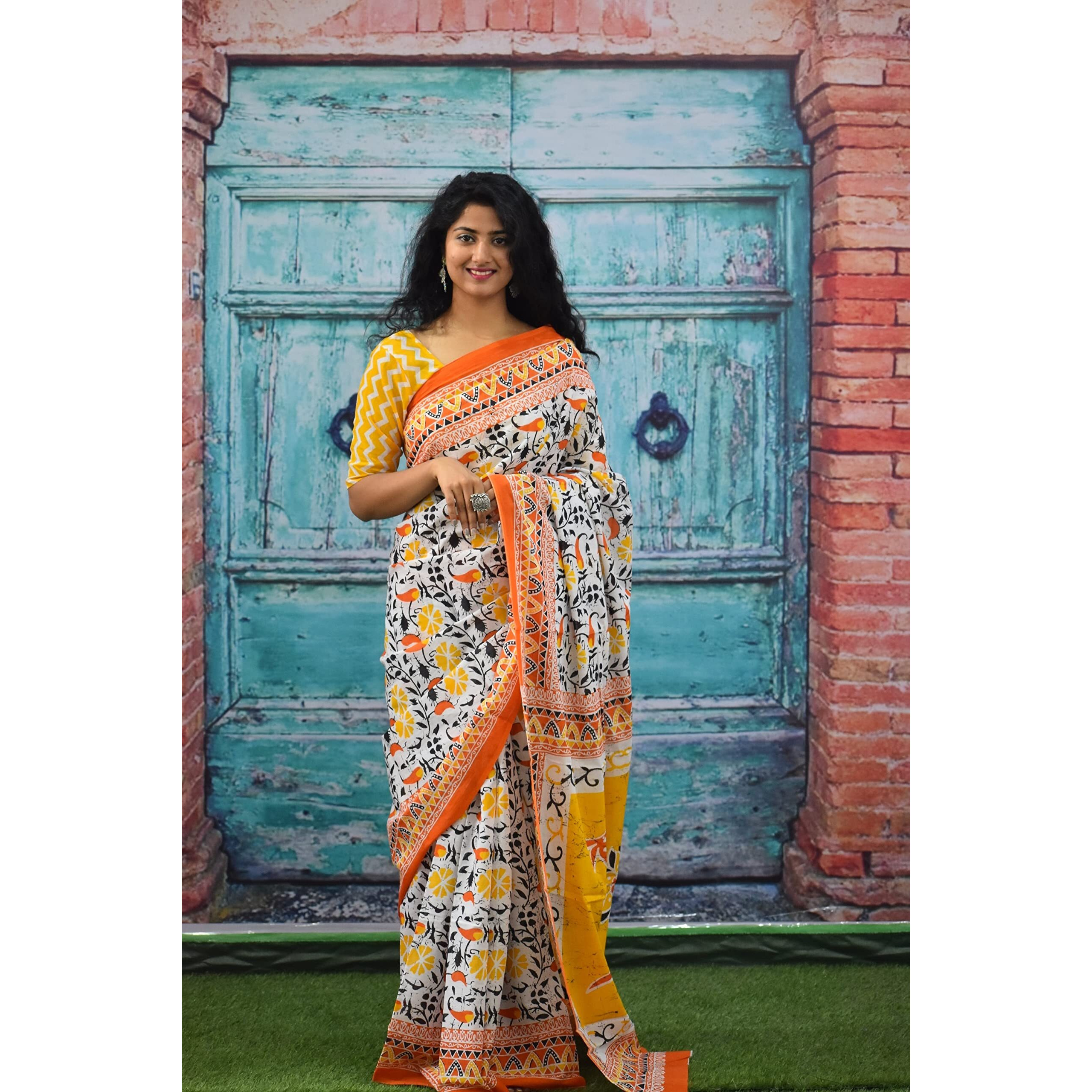 Kiaaron Womens Ikat Hand Block Print Jaipuri Cotton Mulmul Saree with Blouse Piece - Orange_98