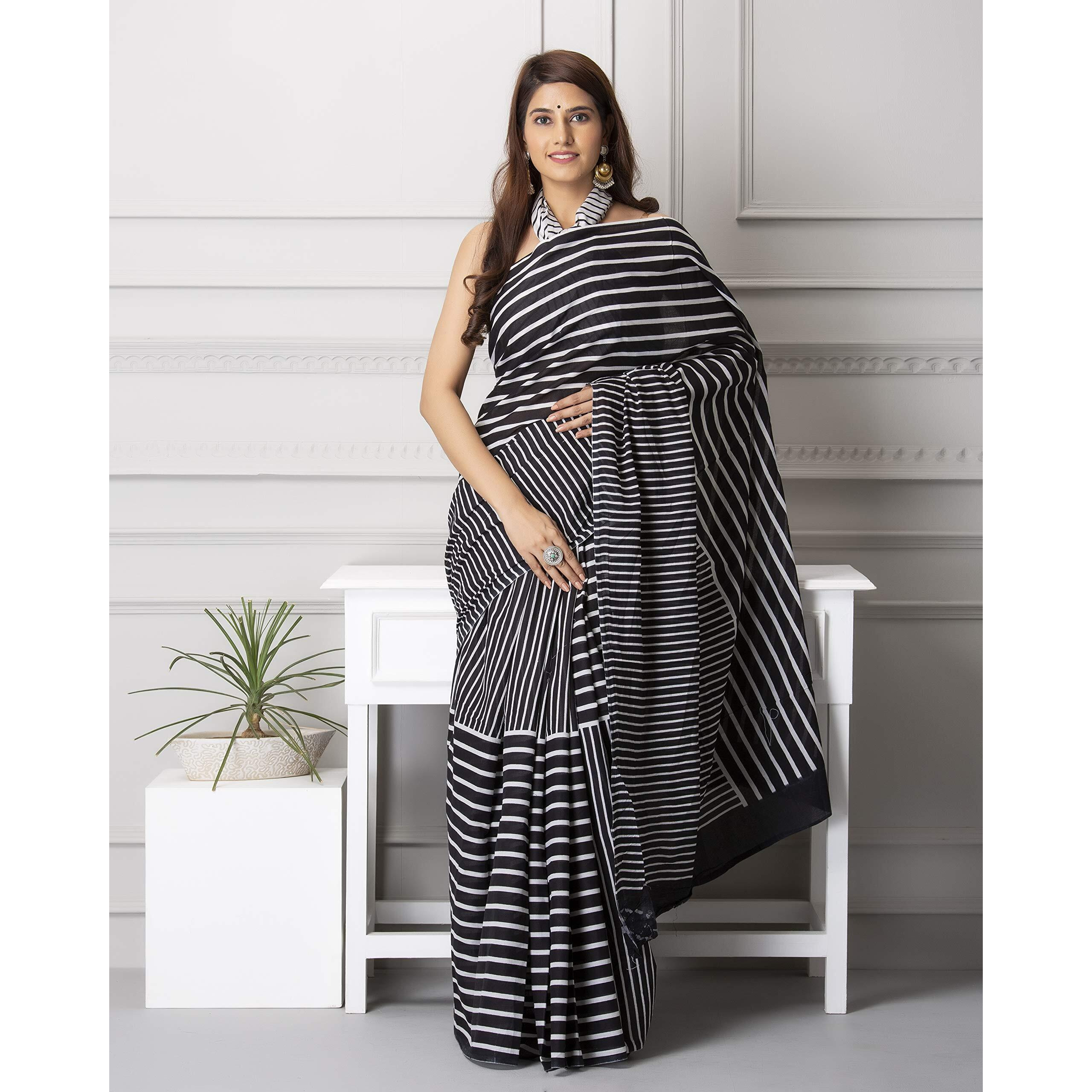 Kiaaron Womens Hand Block Kalamkari Batik Bagru Jaipuri Ikat Printed Handloom Pure Cotton Mulmul Traditional Ethnic Cotton Sarees With Printed Blouse Piece - Black