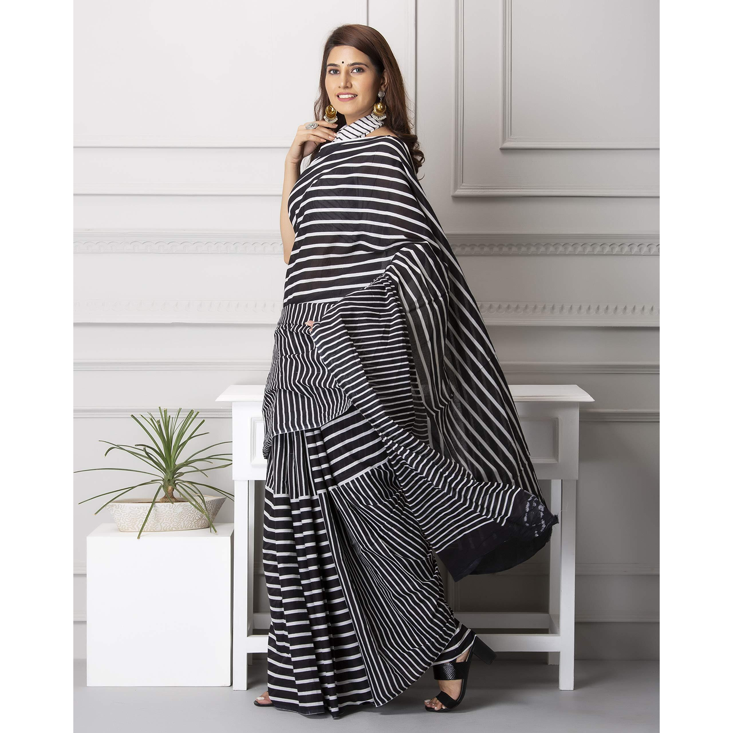 Kiaaron Womens Hand Block Kalamkari Batik Bagru Jaipuri Ikat Printed Handloom Pure Cotton Mulmul Traditional Ethnic Cotton Sarees With Printed Blouse Piece - Black