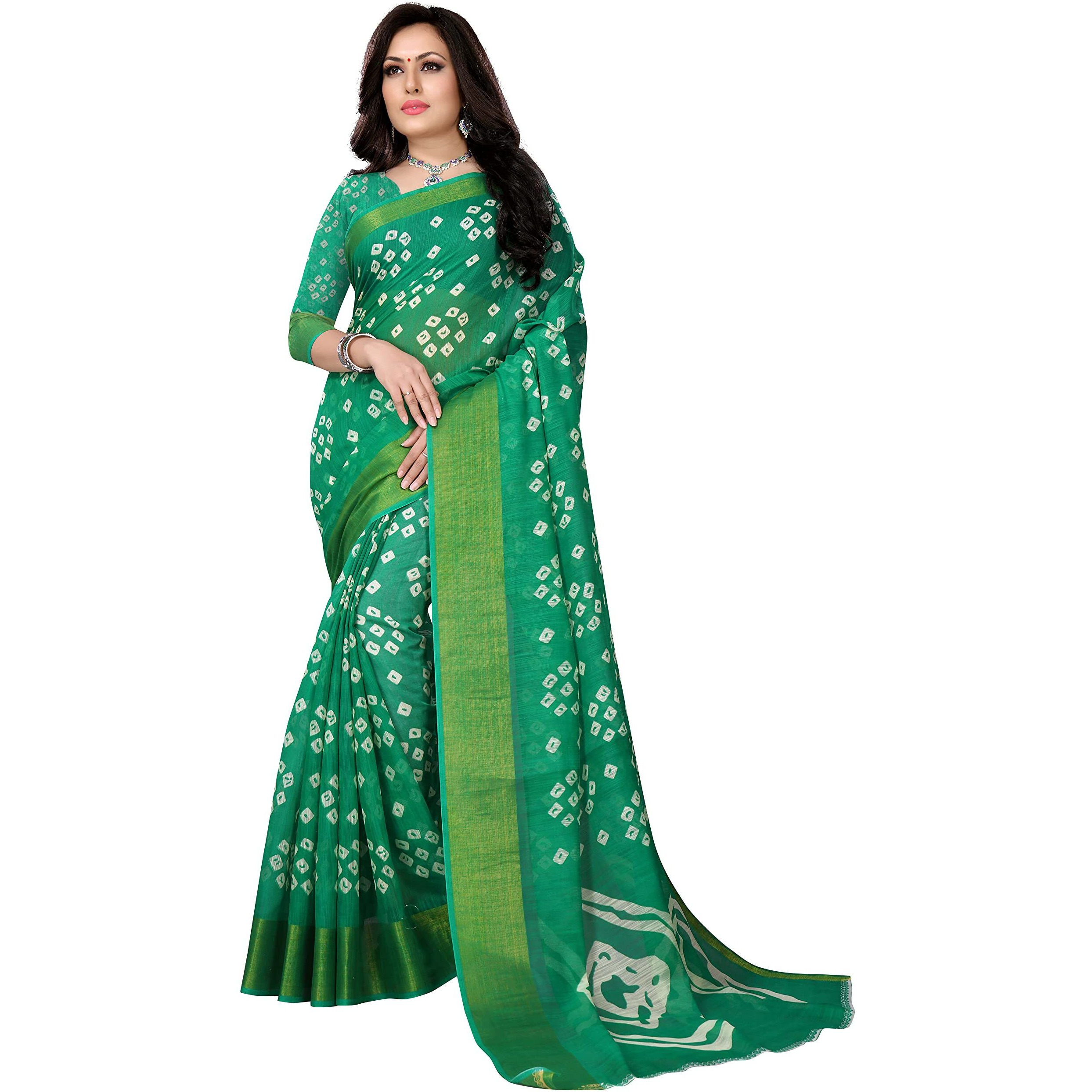 HARPITA Womens Cotton Bandhani Print Saree With Unstitched Blouse Piece(Bandhani-Green)