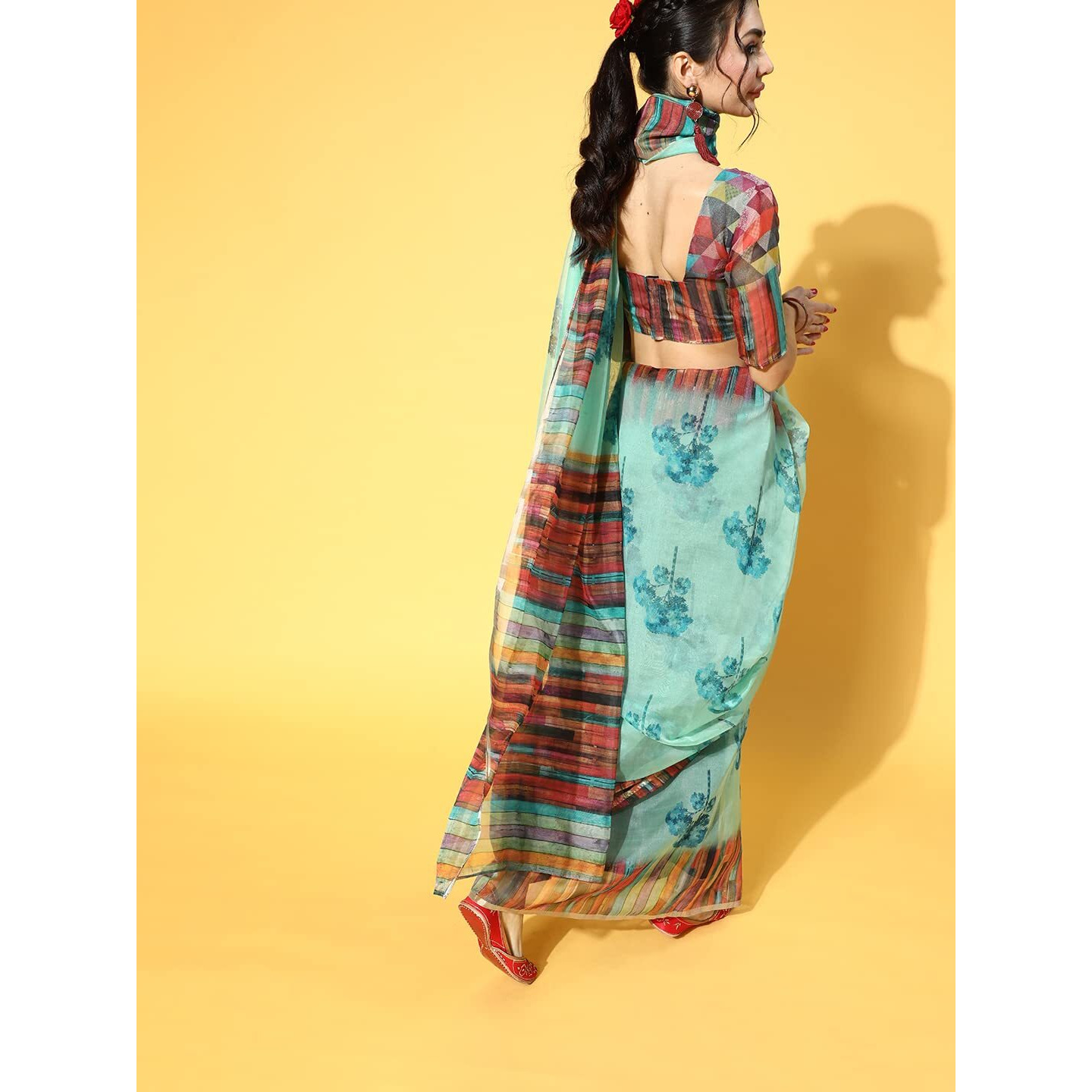 AKHILAM Womens Organza Printed Saree With Unstitched Blouse Piece (Sea Green_NAVYA1001)