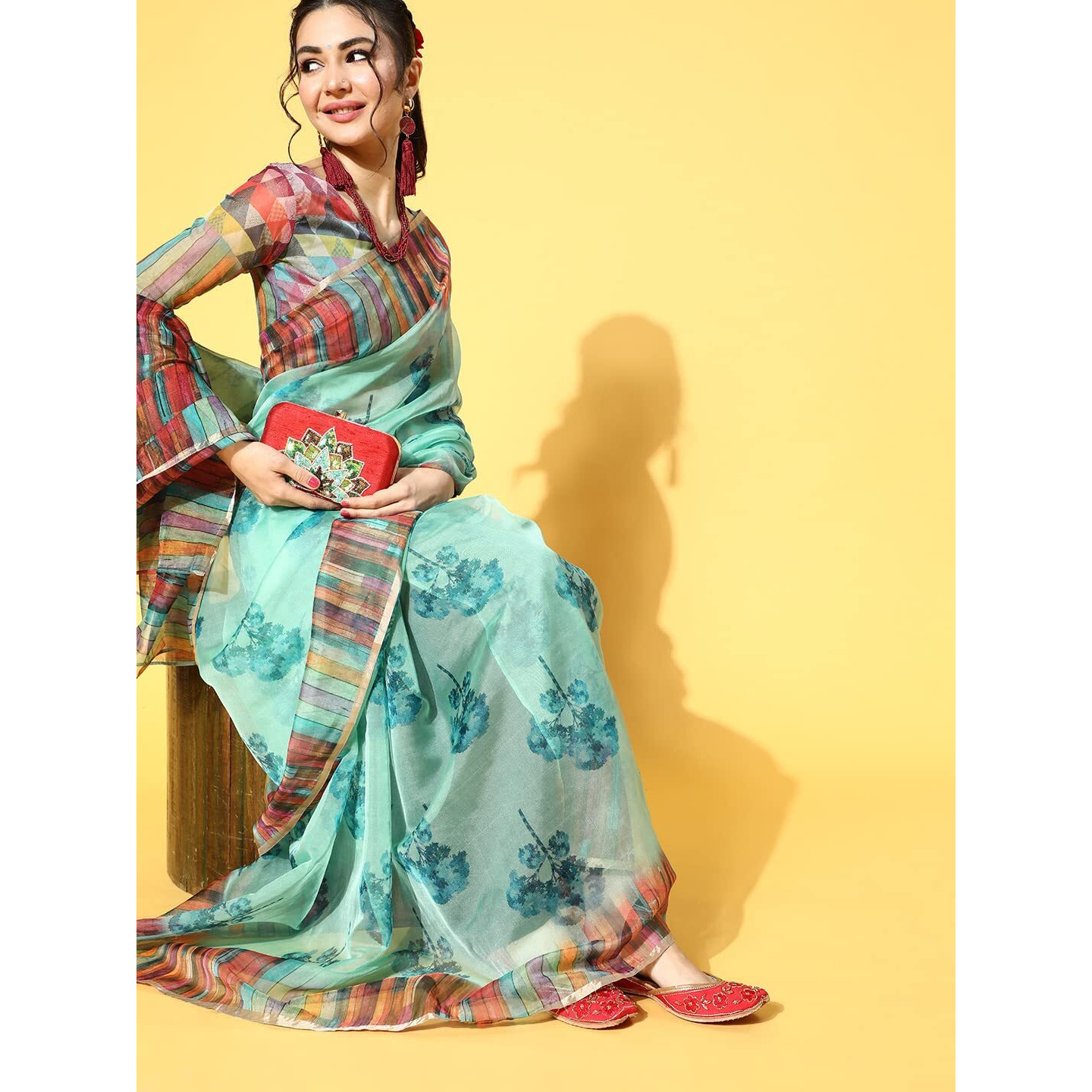 AKHILAM Womens Organza Printed Saree With Unstitched Blouse Piece (Sea Green_NAVYA1001)