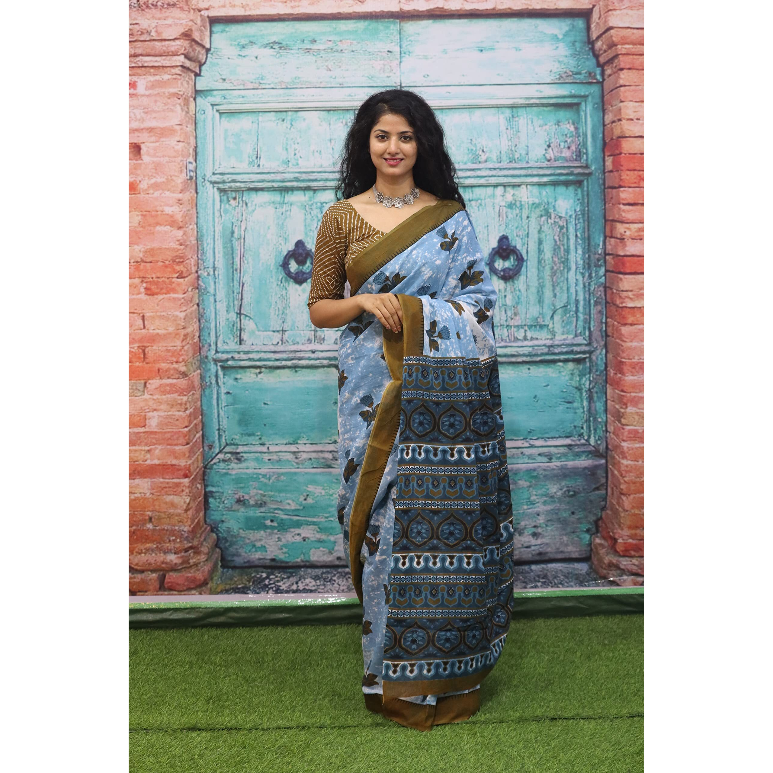 Kiaaron Womens Ikat Hand Block Print Jaipuri Cotton Mulmul Saree with Blouse Piece - Blue_333