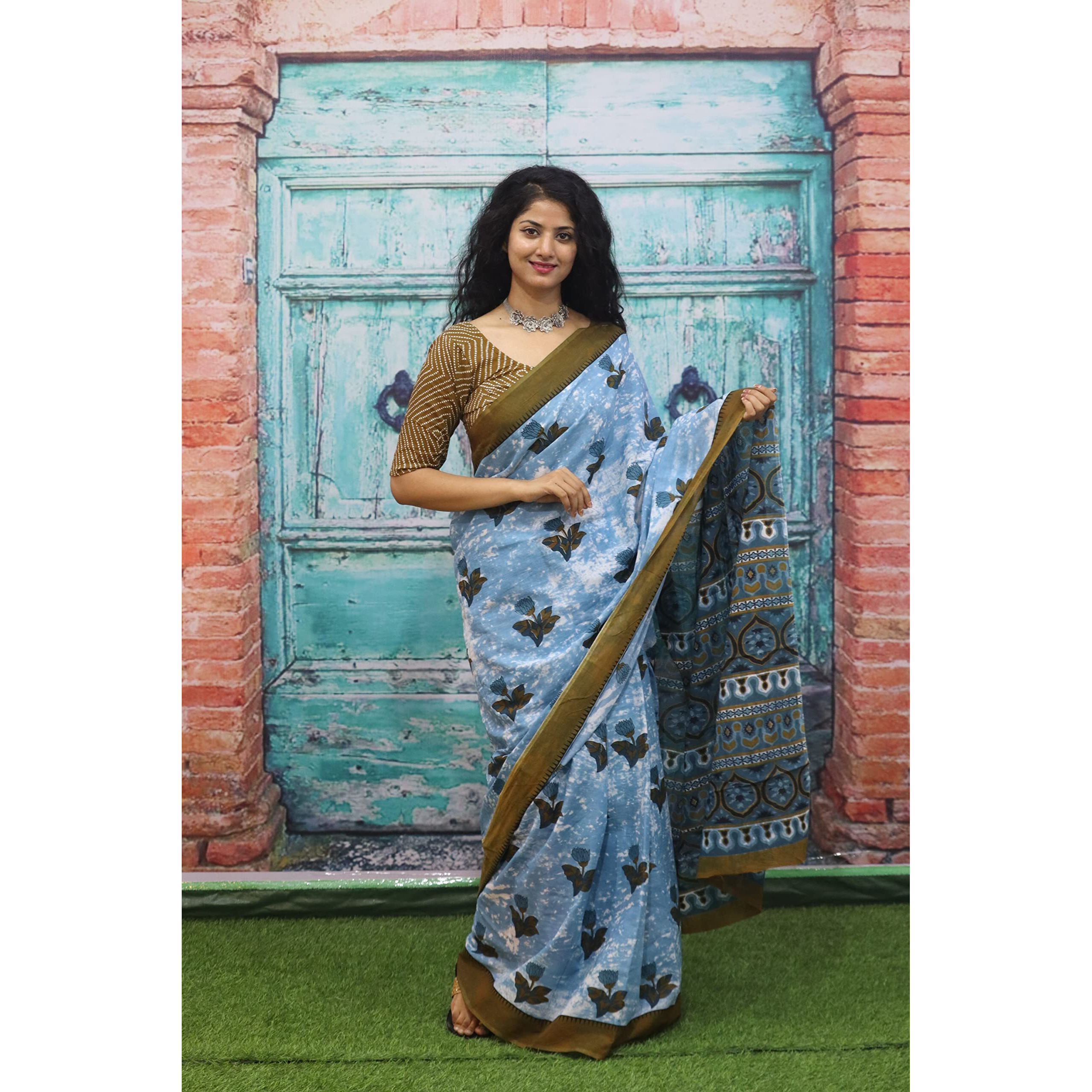 Kiaaron Womens Ikat Hand Block Print Jaipuri Cotton Mulmul Saree with Blouse Piece - Blue_333