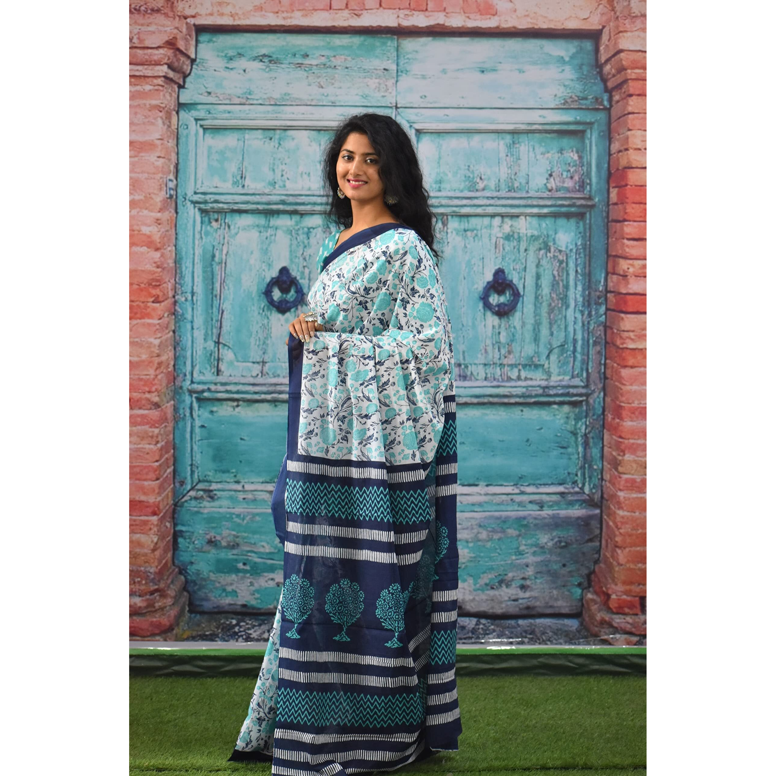 Kiaaron Womens Ikat Hand Block Print Jaipuri Cotton Mulmul Saree with Blouse Piece - White_343