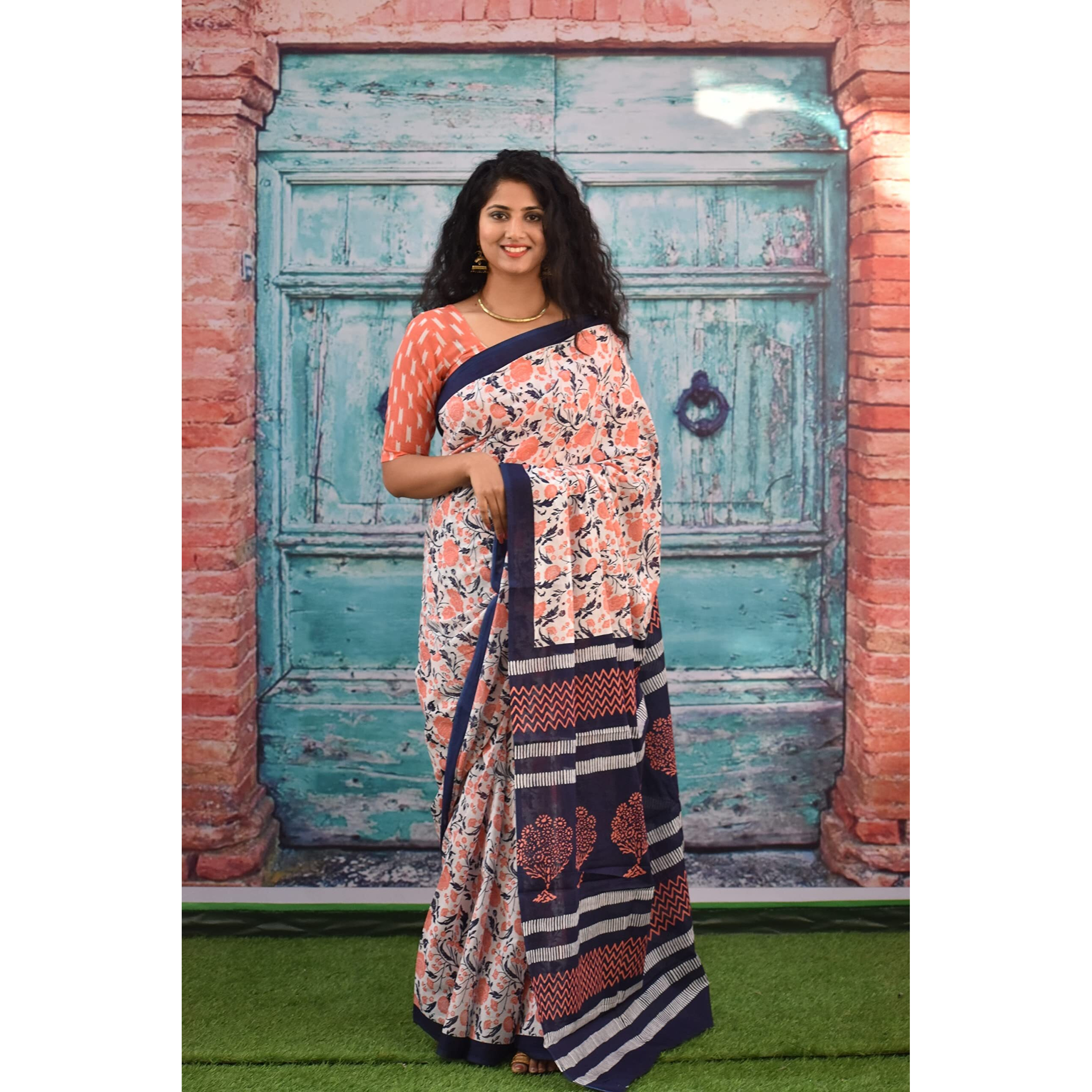 Kiaaron Womens Ikat Hand Block Print Jaipuri Cotton Mulmul Saree with Blouse Piece - White_340