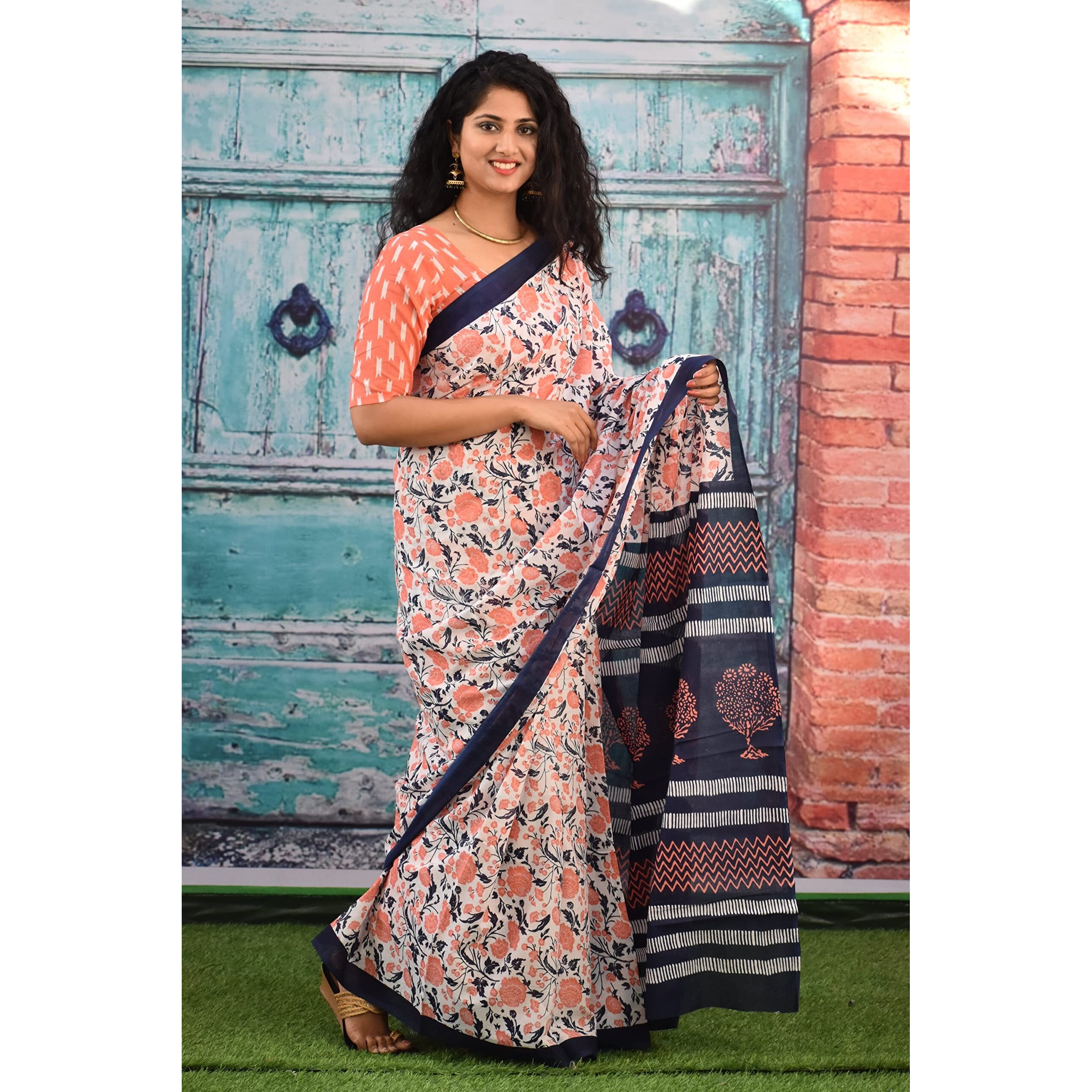 Kiaaron Womens Ikat Hand Block Print Jaipuri Cotton Mulmul Saree with Blouse Piece - White_340