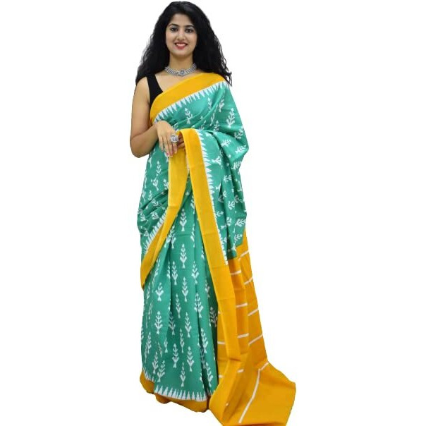 Kiaaron Womens Ikat Hand Block Print Jaipuri Cotton Mulmul Saree with Blouse Piece - Green_337