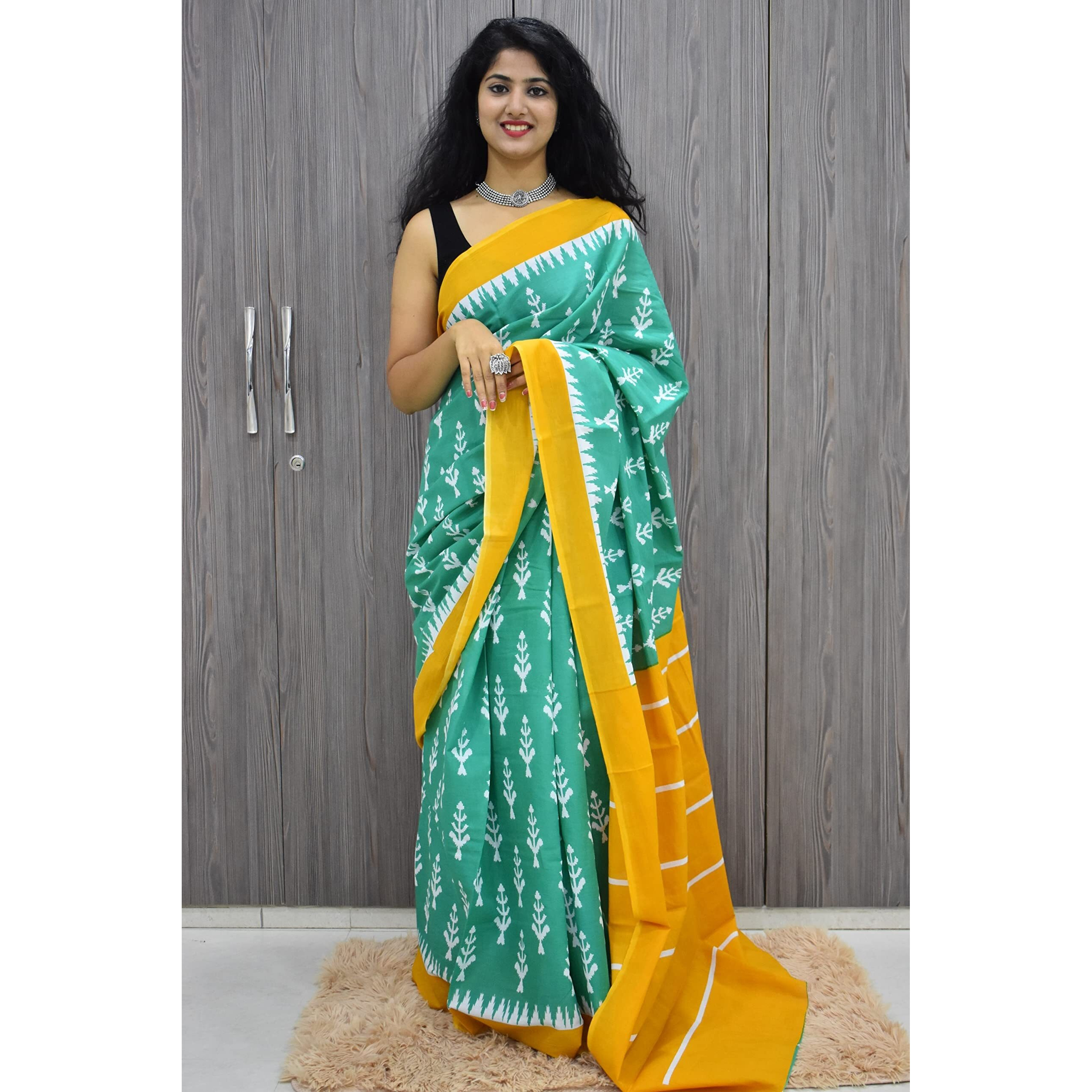 Kiaaron Womens Ikat Hand Block Print Jaipuri Cotton Mulmul Saree with Blouse Piece - Green_337