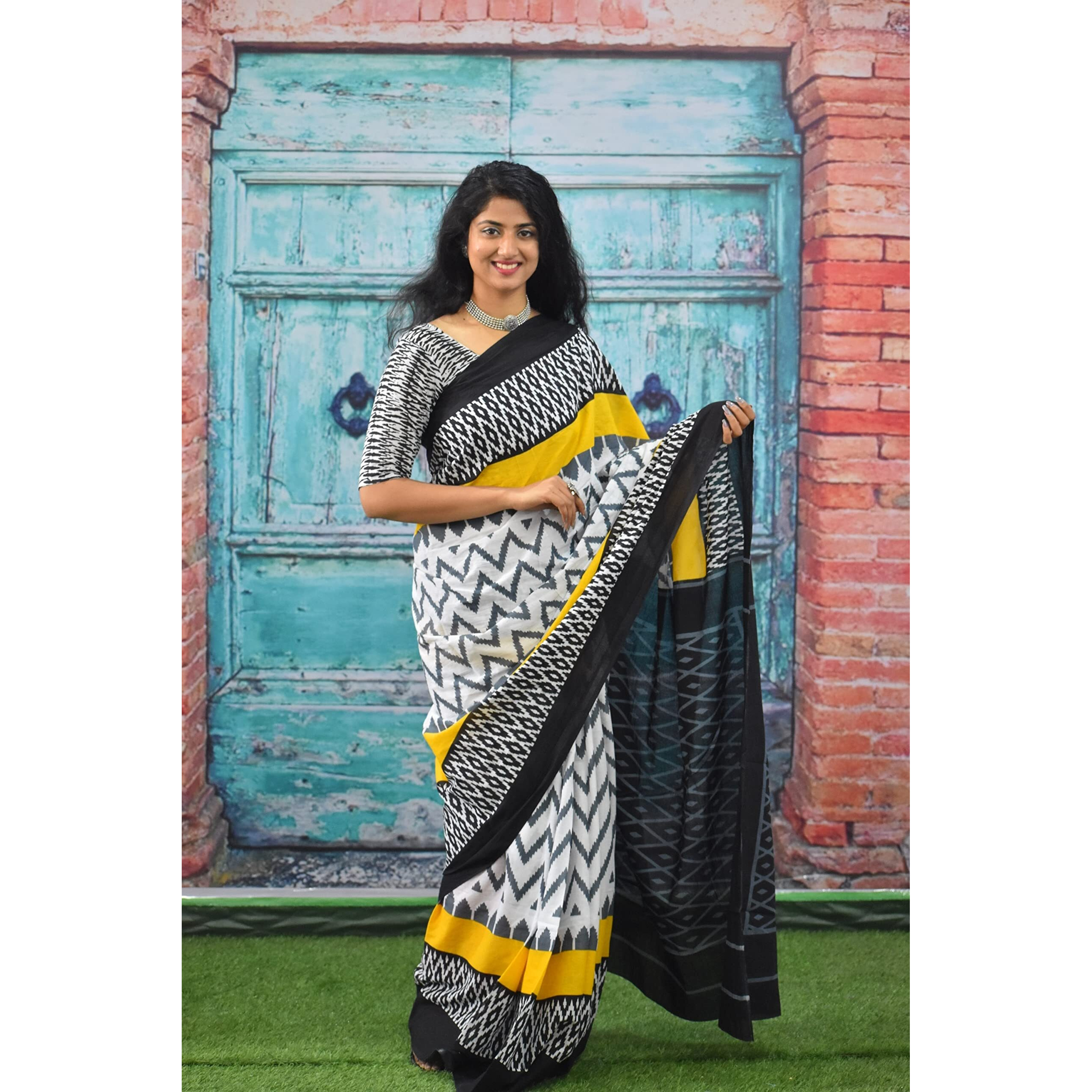 Kiaaron Womens Ikat Hand Block Print Jaipuri Cotton Mulmul Saree with Blouse Piece - Yellow_335