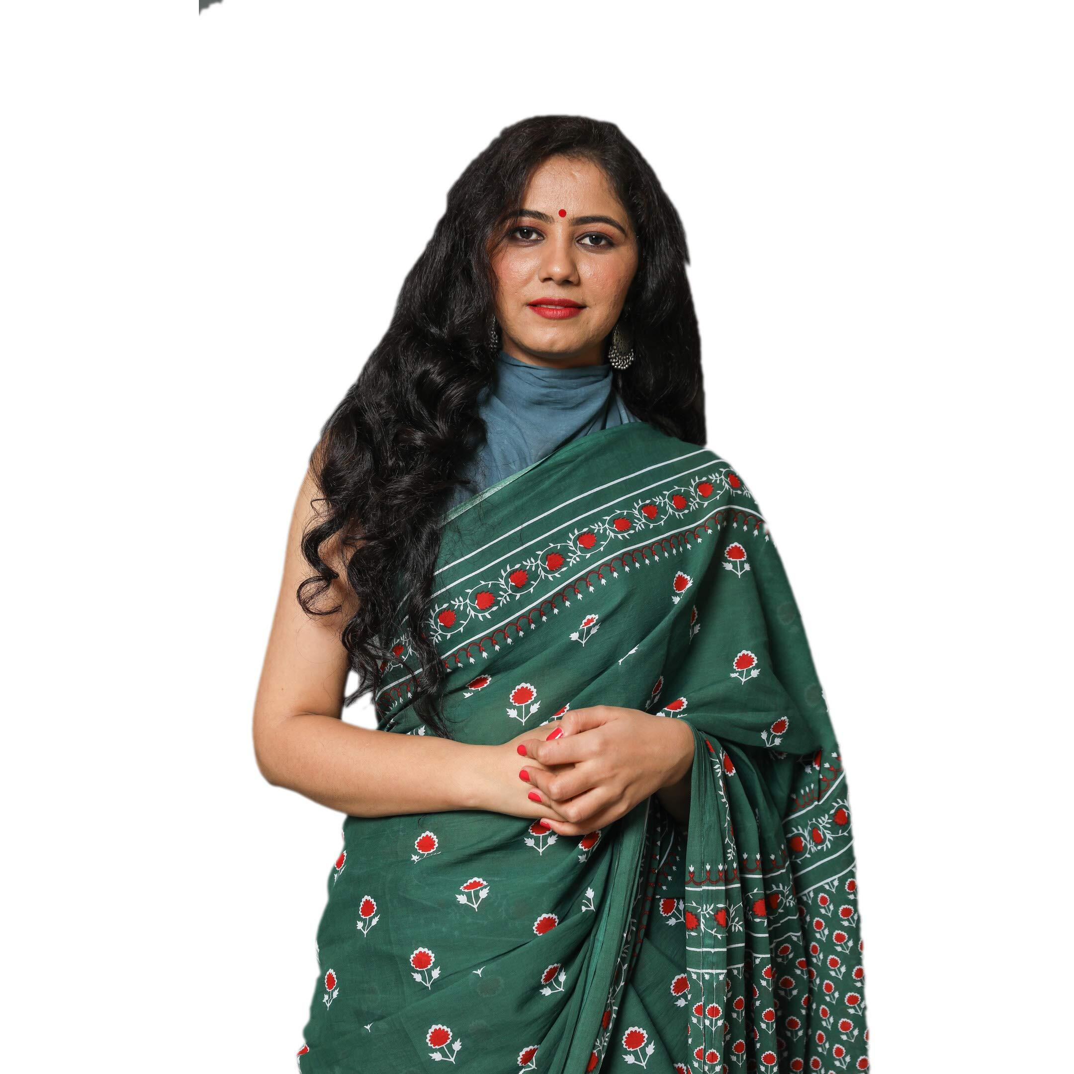 Kiaaron Womens Hand Block Kalamkari Batik Bagru Jaipuri Ikat Printed Handloom Pure Cotton Mulmul Traditional Ethnic Cotton Sarees With Printed Blouse Piece - Green