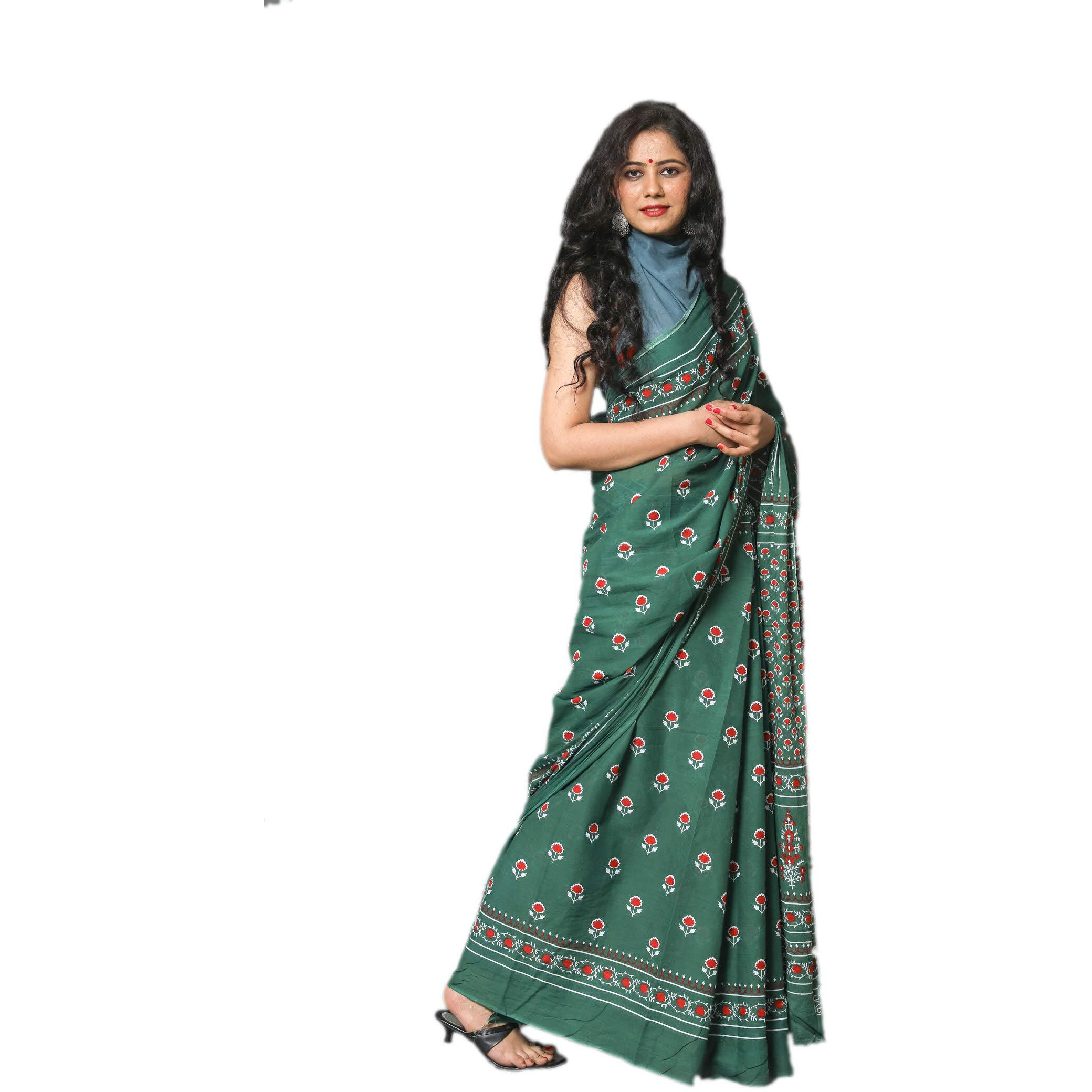 Kiaaron Womens Hand Block Kalamkari Batik Bagru Jaipuri Ikat Printed Handloom Pure Cotton Mulmul Traditional Ethnic Cotton Sarees With Printed Blouse Piece - Green