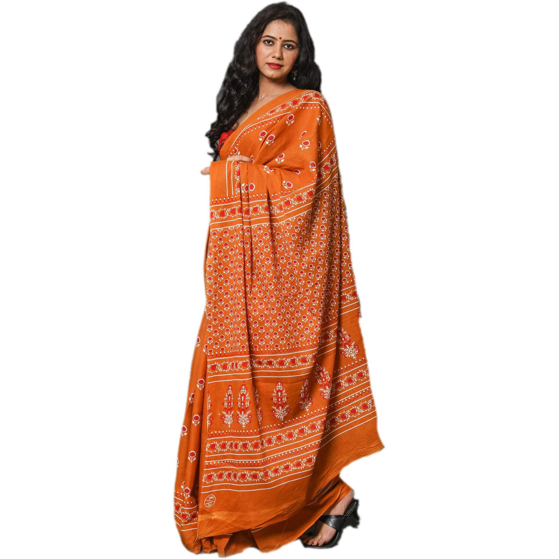 Kiaaron Womens Hand Block Kalamkari Batik Bagru Jaipuri Ikat Printed Handloom Pure Cotton Mulmul Traditional Ethnic Cotton Sarees With Printed Blouse Piece - Orange