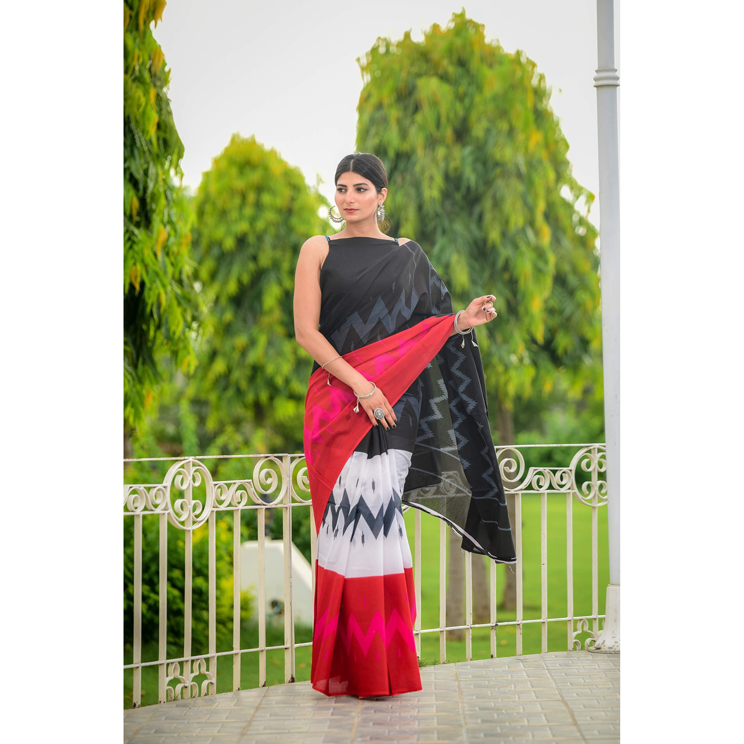 Kiaaron Womens Hand Block Kalamkari Batik Bagru Jaipuri Ikat Printed Handloom Pure Cotton Mulmul Traditional Ethnic Cotton Sarees With Printed Blouse Piece - Red_Black