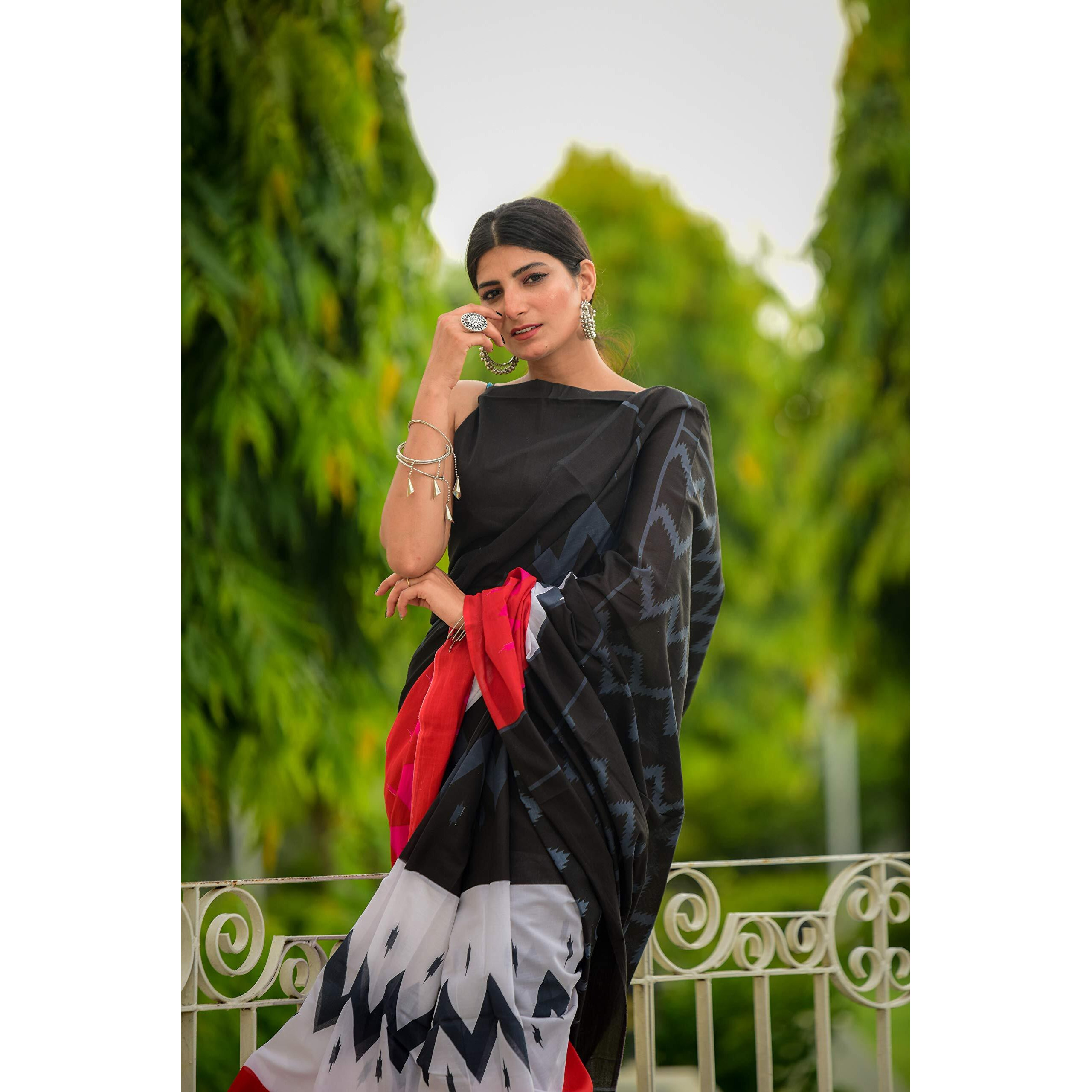 Kiaaron Womens Hand Block Kalamkari Batik Bagru Jaipuri Ikat Printed Handloom Pure Cotton Mulmul Traditional Ethnic Cotton Sarees With Printed Blouse Piece - Red_Black