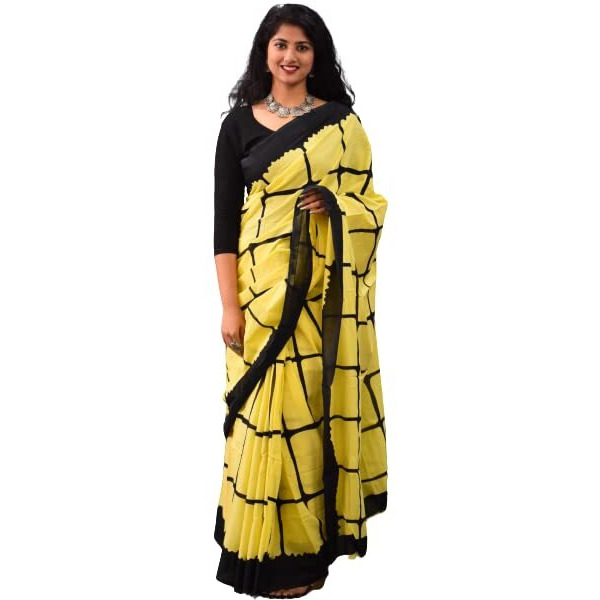 Kiaaron Womens Ikat Hand Block Print Jaipuri Cotton Mulmul Saree with Blouse Piece - Yellow_264