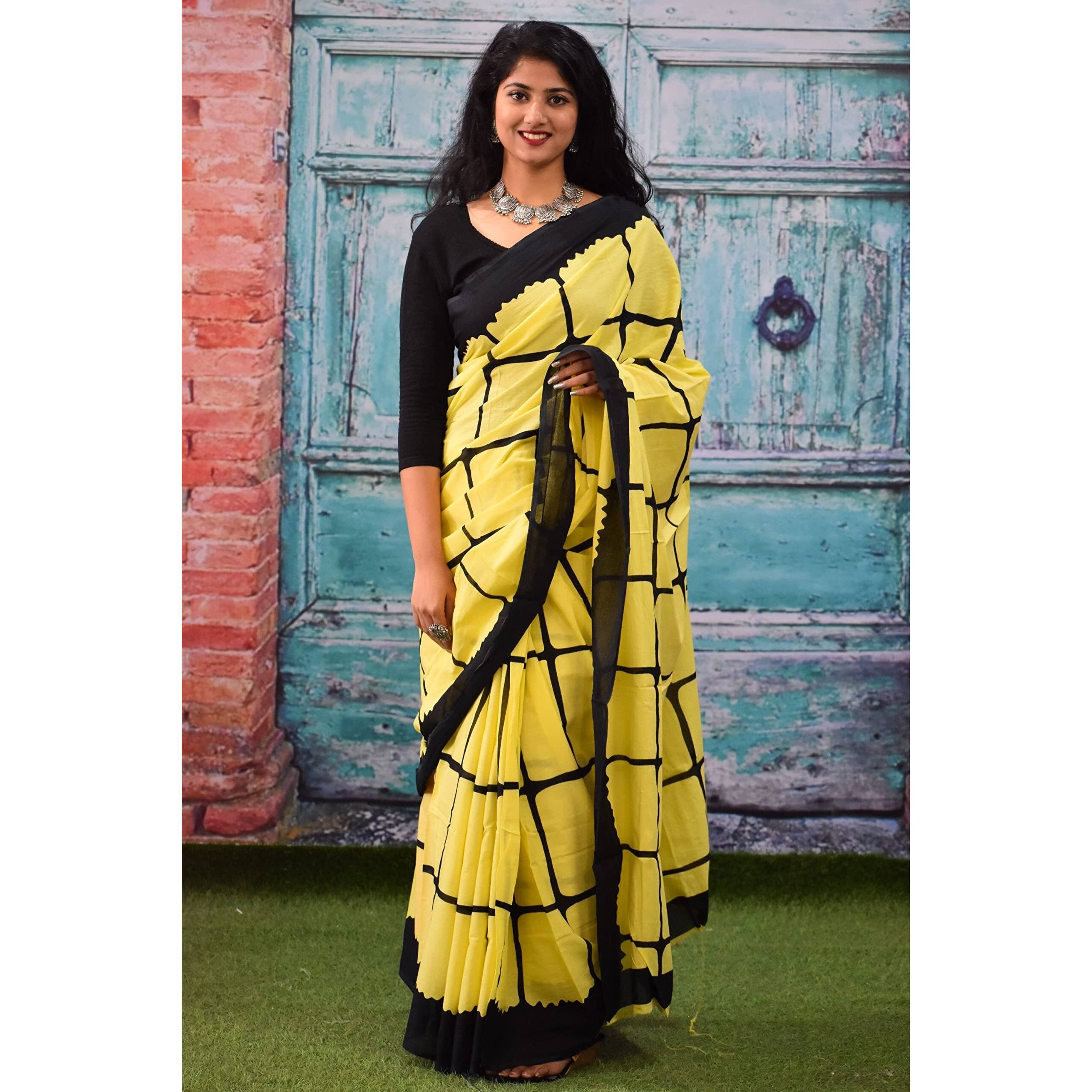Kiaaron Womens Ikat Hand Block Print Jaipuri Cotton Mulmul Saree with Blouse Piece - Yellow_264
