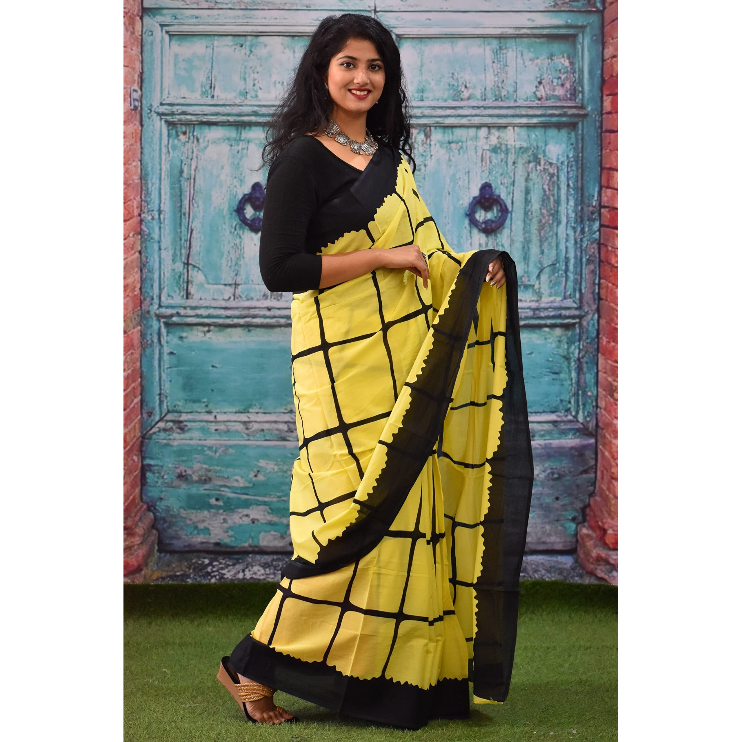 Kiaaron Womens Ikat Hand Block Print Jaipuri Cotton Mulmul Saree with Blouse Piece - Yellow_264