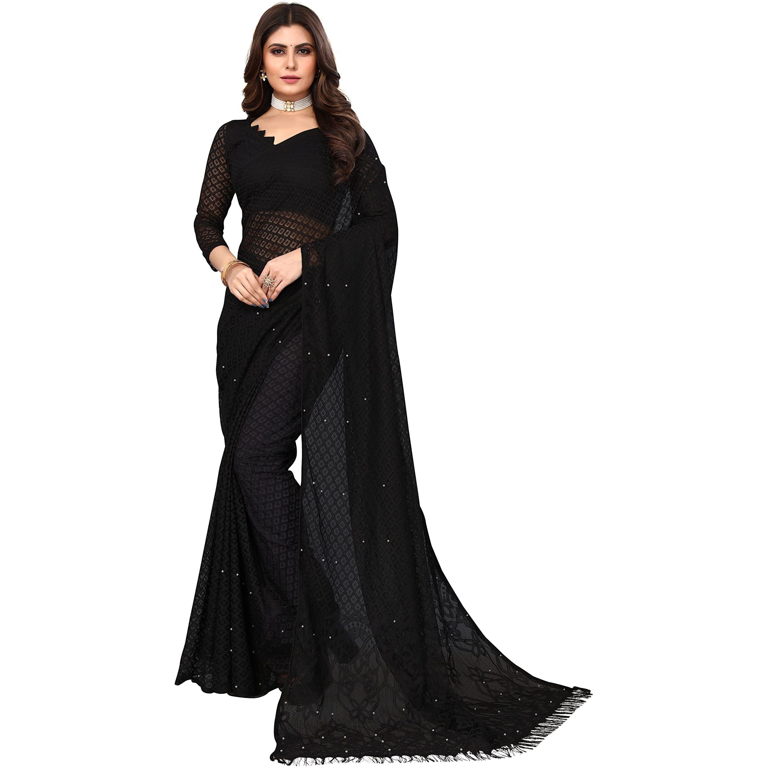 Yashika Womens Jacquard Net Brasso Standard Length (Jaya Black_Black01)