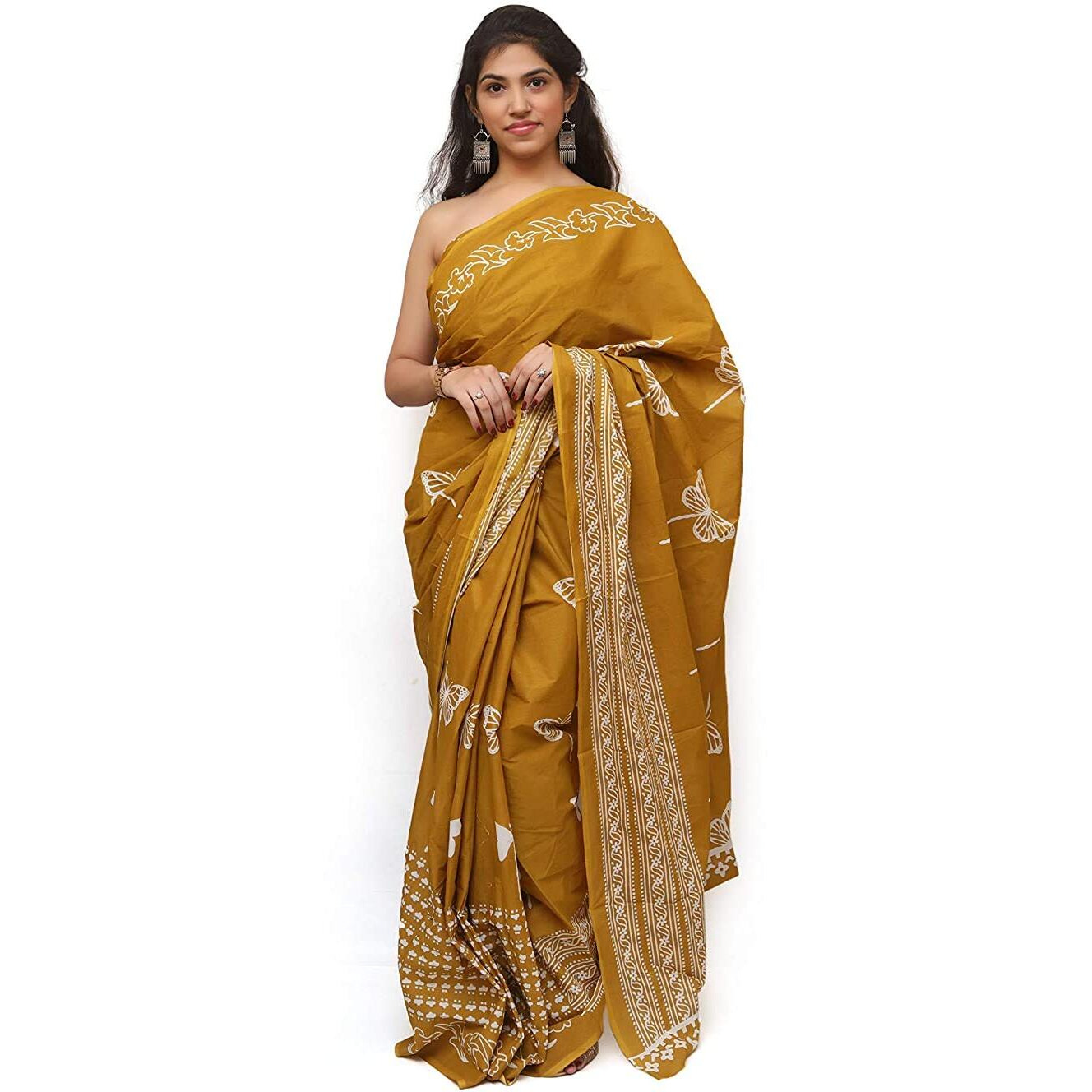 Kiaaron Womens Hand Block Kalamkari Batik Bagru Jaipuri Ikat Printed Handloom Pure Cotton Mulmul Traditional Ethnic Cotton Sarees With Printed Blouse Piece - Mustered