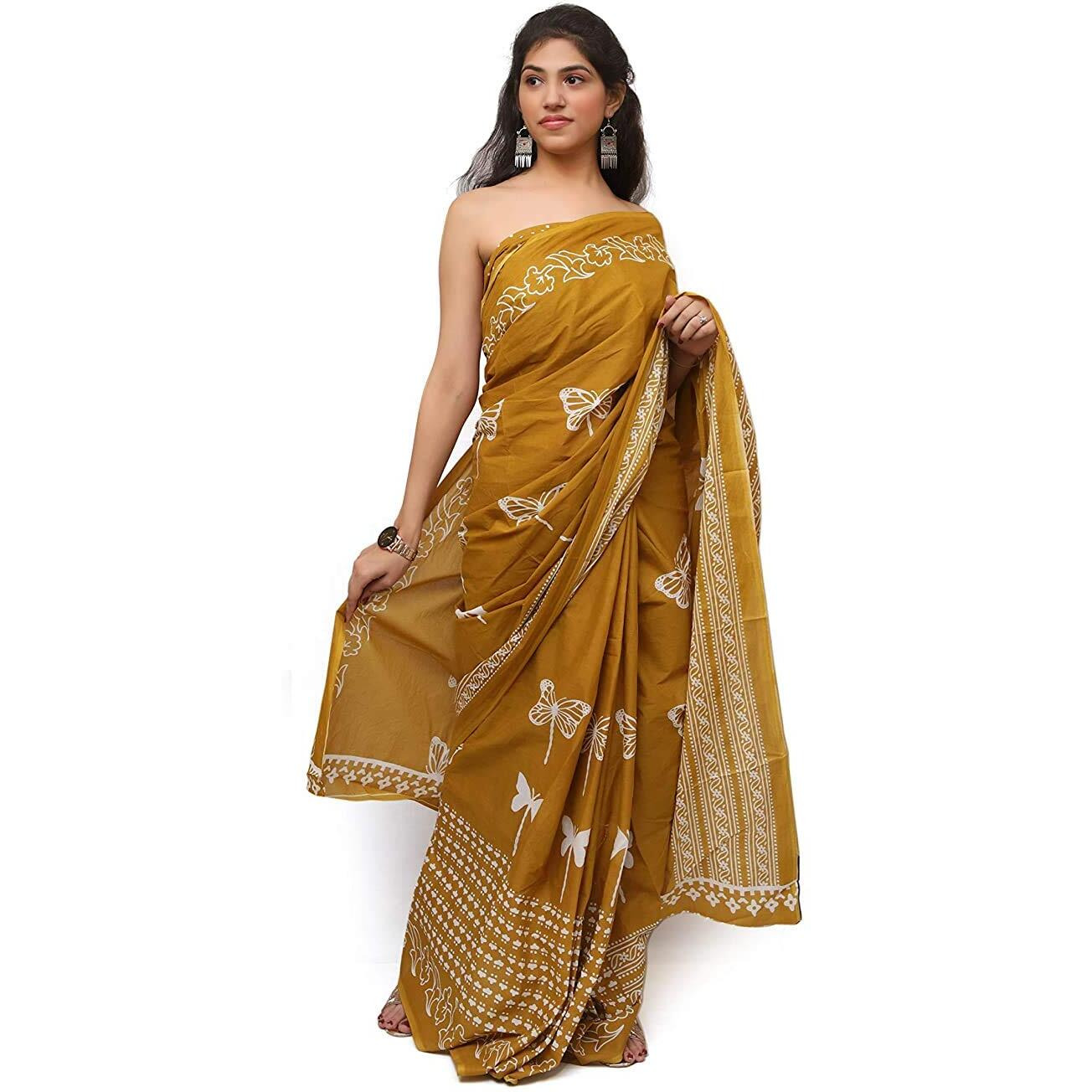 Kiaaron Womens Hand Block Kalamkari Batik Bagru Jaipuri Ikat Printed Handloom Pure Cotton Mulmul Traditional Ethnic Cotton Sarees With Printed Blouse Piece - Mustered