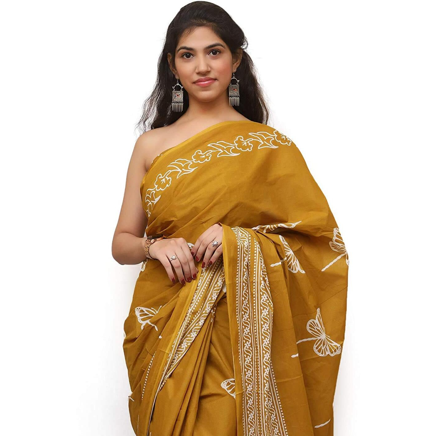 Kiaaron Womens Hand Block Kalamkari Batik Bagru Jaipuri Ikat Printed Handloom Pure Cotton Mulmul Traditional Ethnic Cotton Sarees With Printed Blouse Piece - Mustered