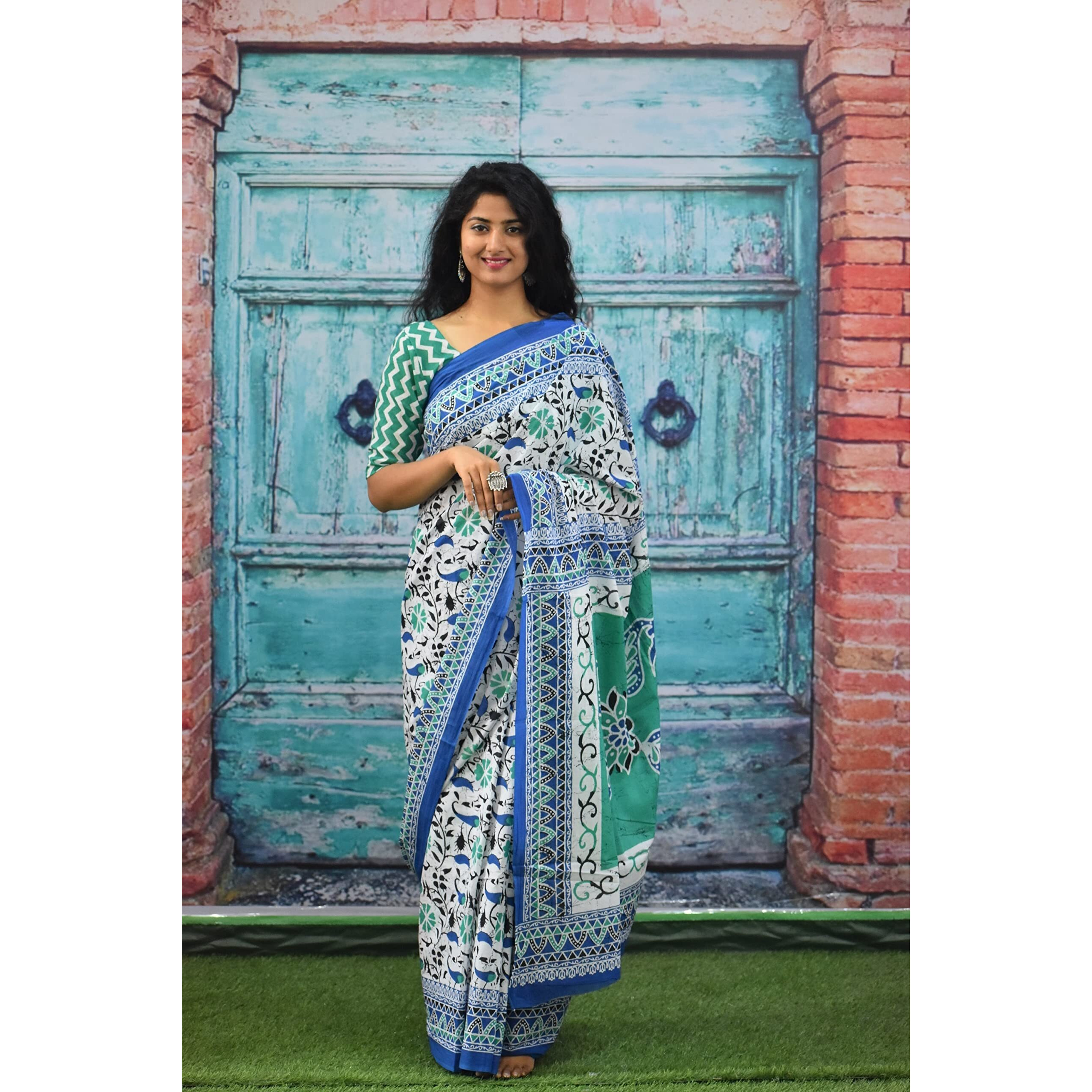 Kiaaron Womens Ikat Hand Block Print Jaipuri Cotton Mulmul Saree with Blouse Piece - Blue_101