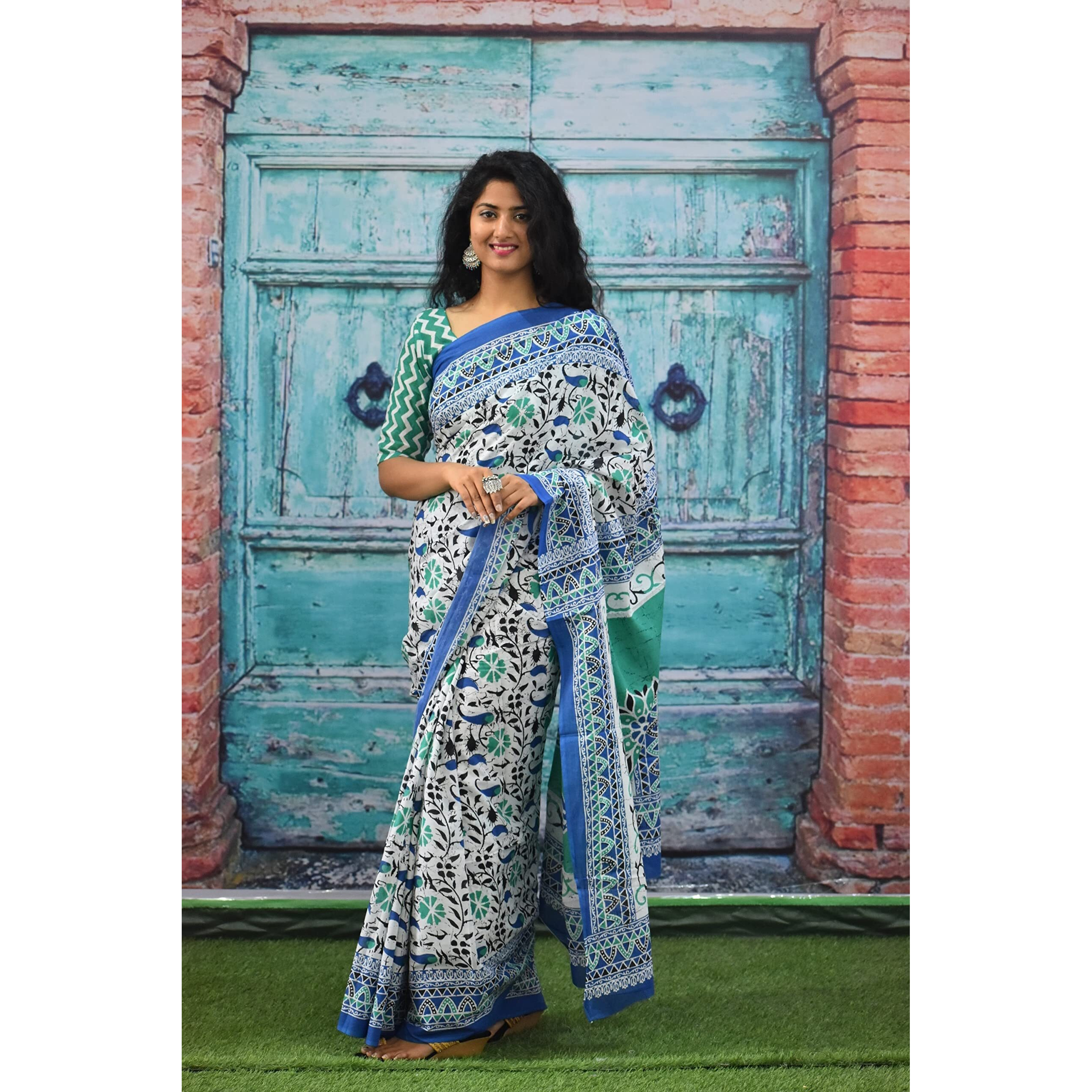 Kiaaron Womens Ikat Hand Block Print Jaipuri Cotton Mulmul Saree with Blouse Piece - Blue_101